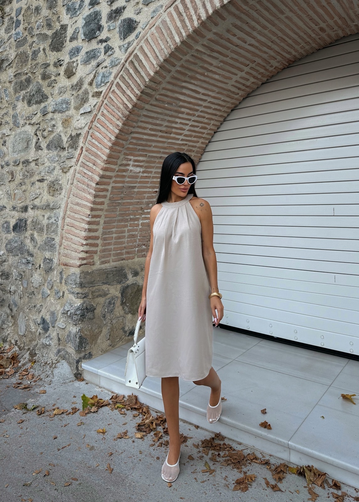 Halter Yaka Dokuma Midi Elbise - Görsel 4