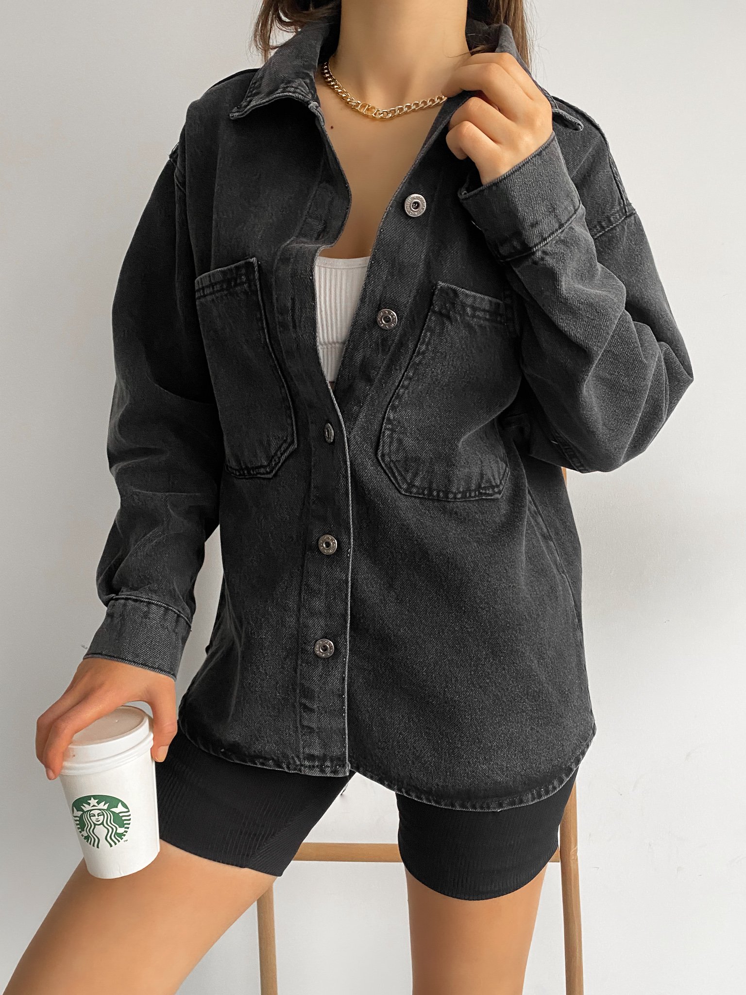  Double Pocket Oversize Denim Shirt Jacket