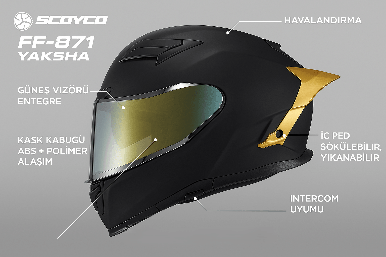  FF-871 Yaksha Full Face Kask – Altın Spoilerli Vizörlü, Güneş Vizörlü, DOT/CE Onaylı