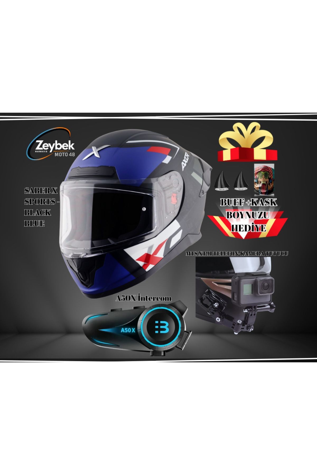 Komple Rider Box – Axor Saber X Kask + Fazer A50X Intercom + XT91 Tutucu + Hediye Seti