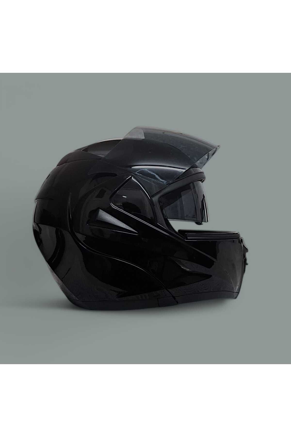 Motosiklet Kaskı (ÇENE AÇMALI) Shıny Black Güneş Vizörlü