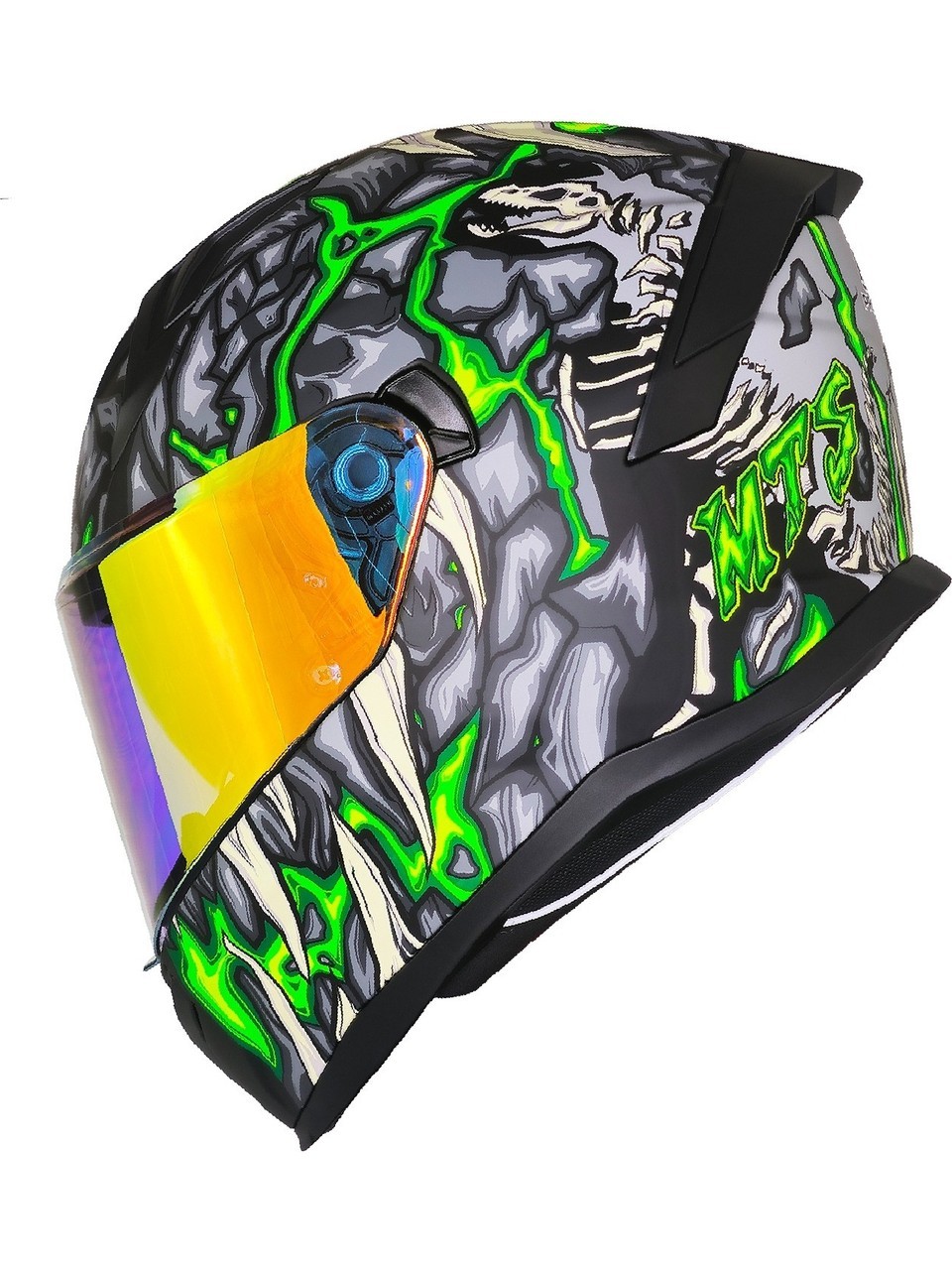  M-910 PRO Green Skull Full Face Kask – Güneş Vizörlü, DOT/CE Onaylı, Intercom Uyumlu