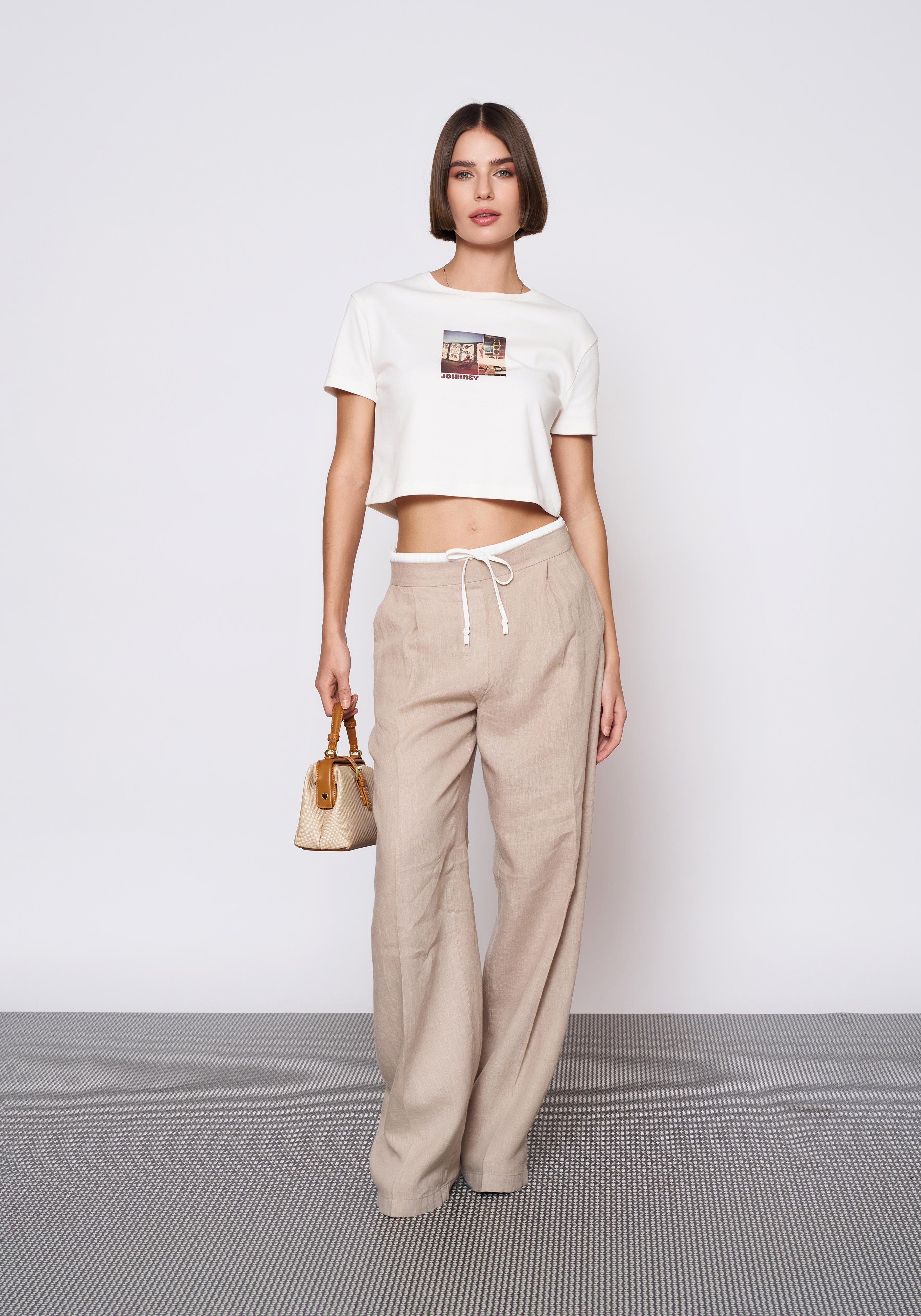 Baskılı Krem Crop T-Shirt