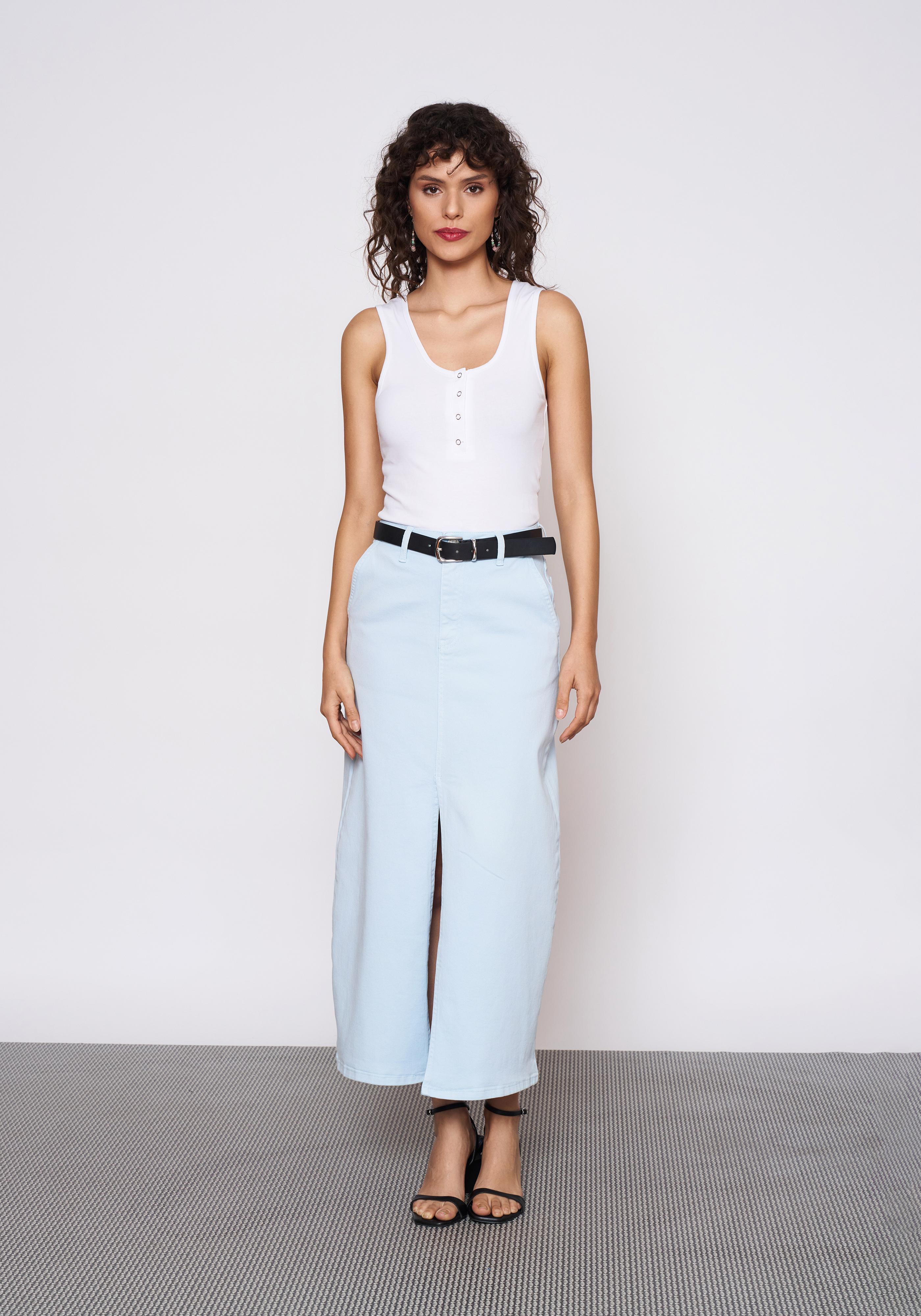 Bebe Mavi Önü Yırtmaçlı Midi Denim Etek