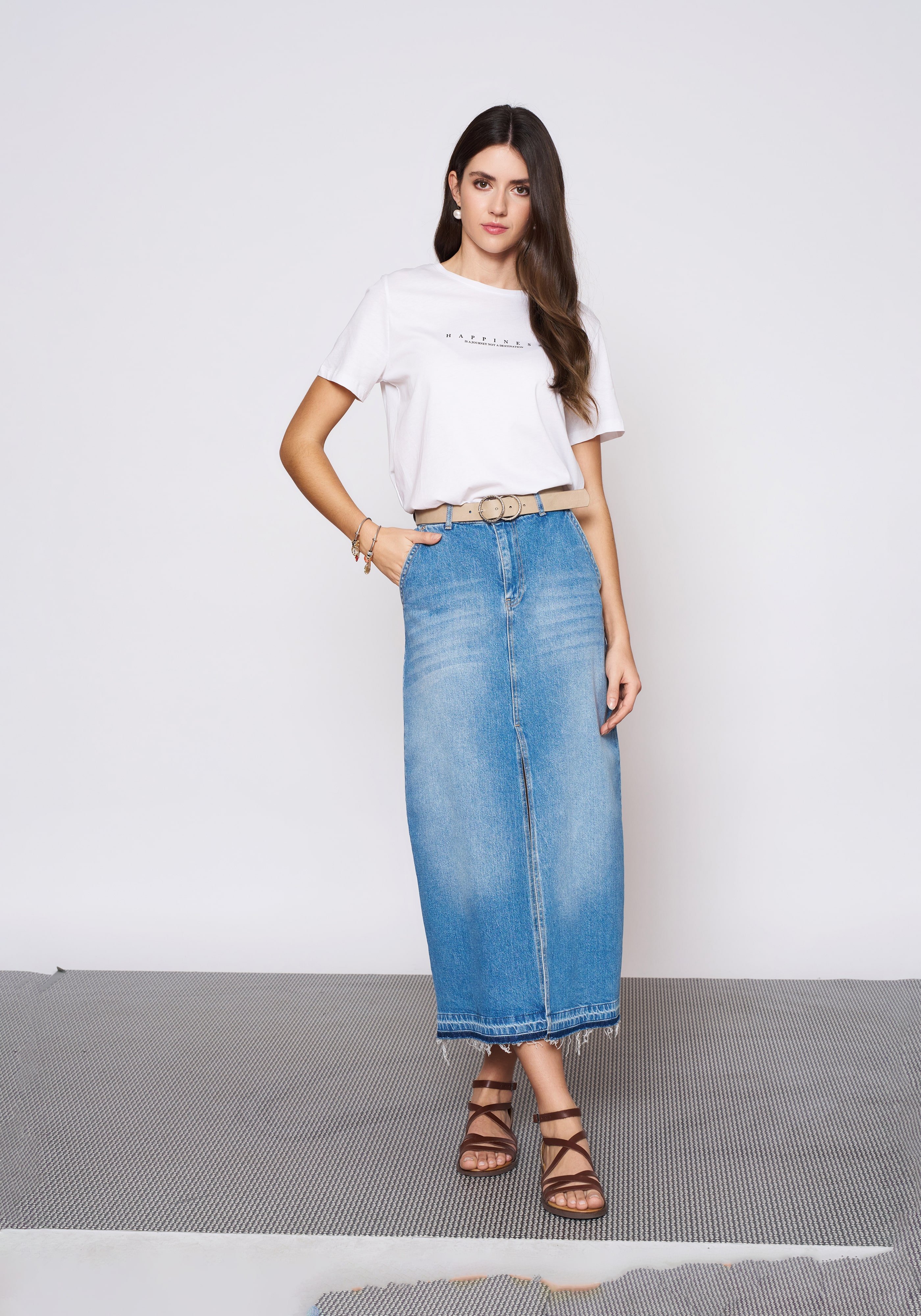 Mavi Önü Yırtmaçlı Midi Denim Etek