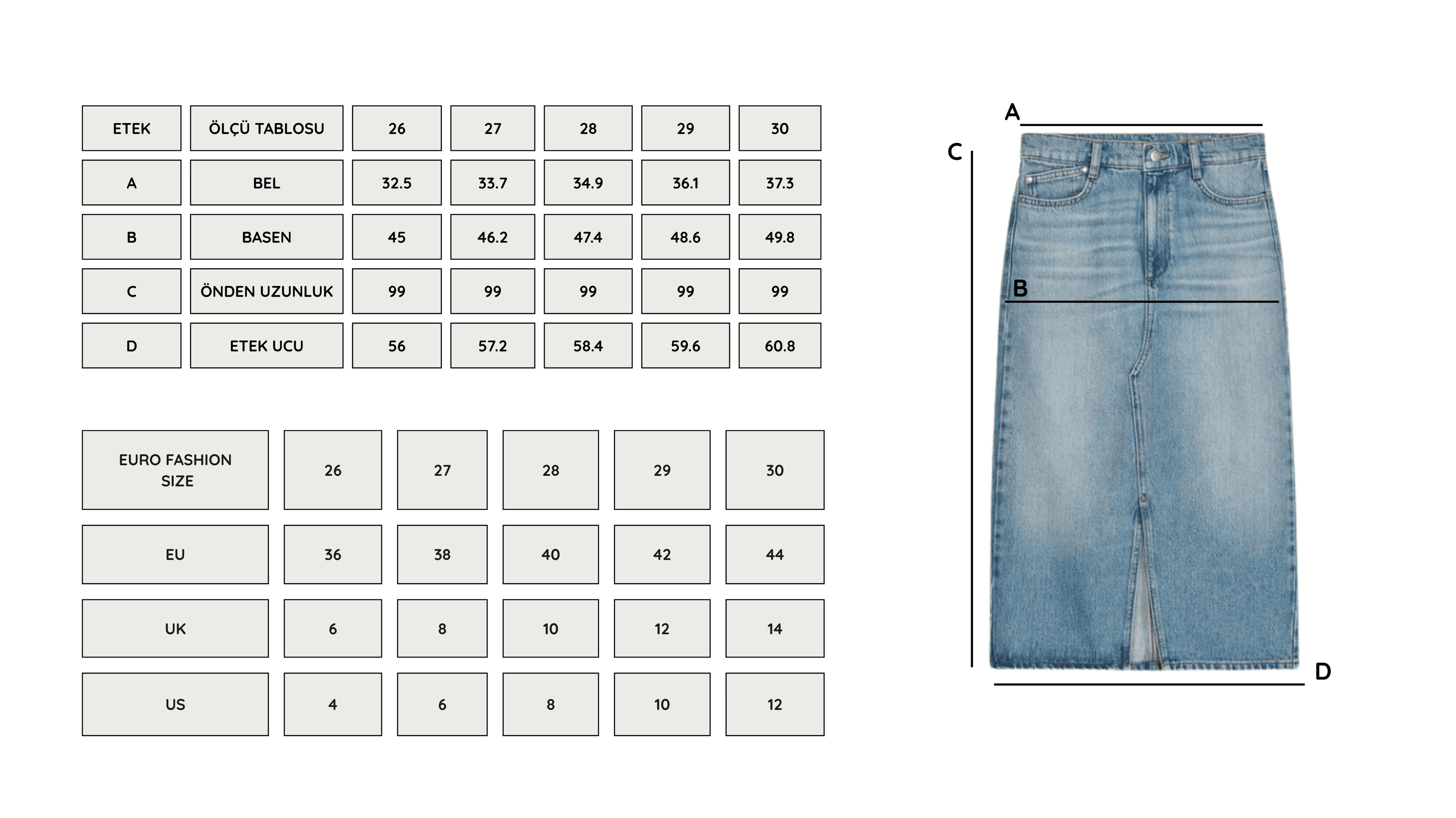 Açık Mavi Önü Yırtmaçlı Midi Denim Etek
