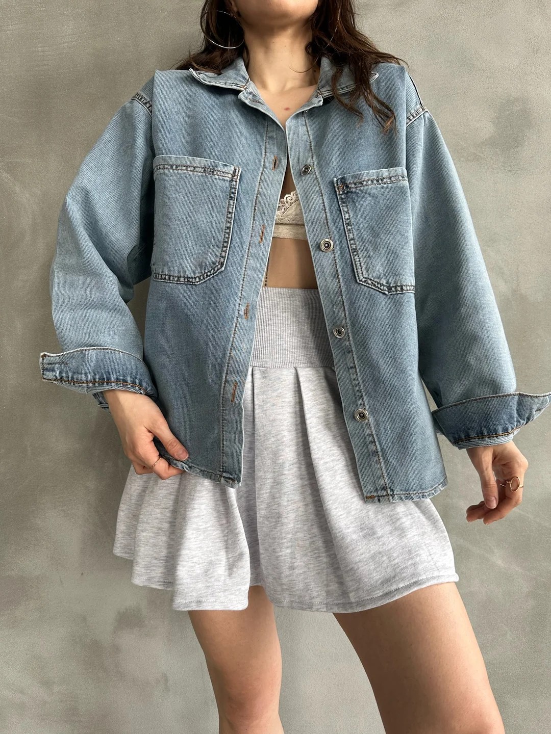 Çift Cepli Oversize Denim Gömlek Ceket - Koyu Mavi