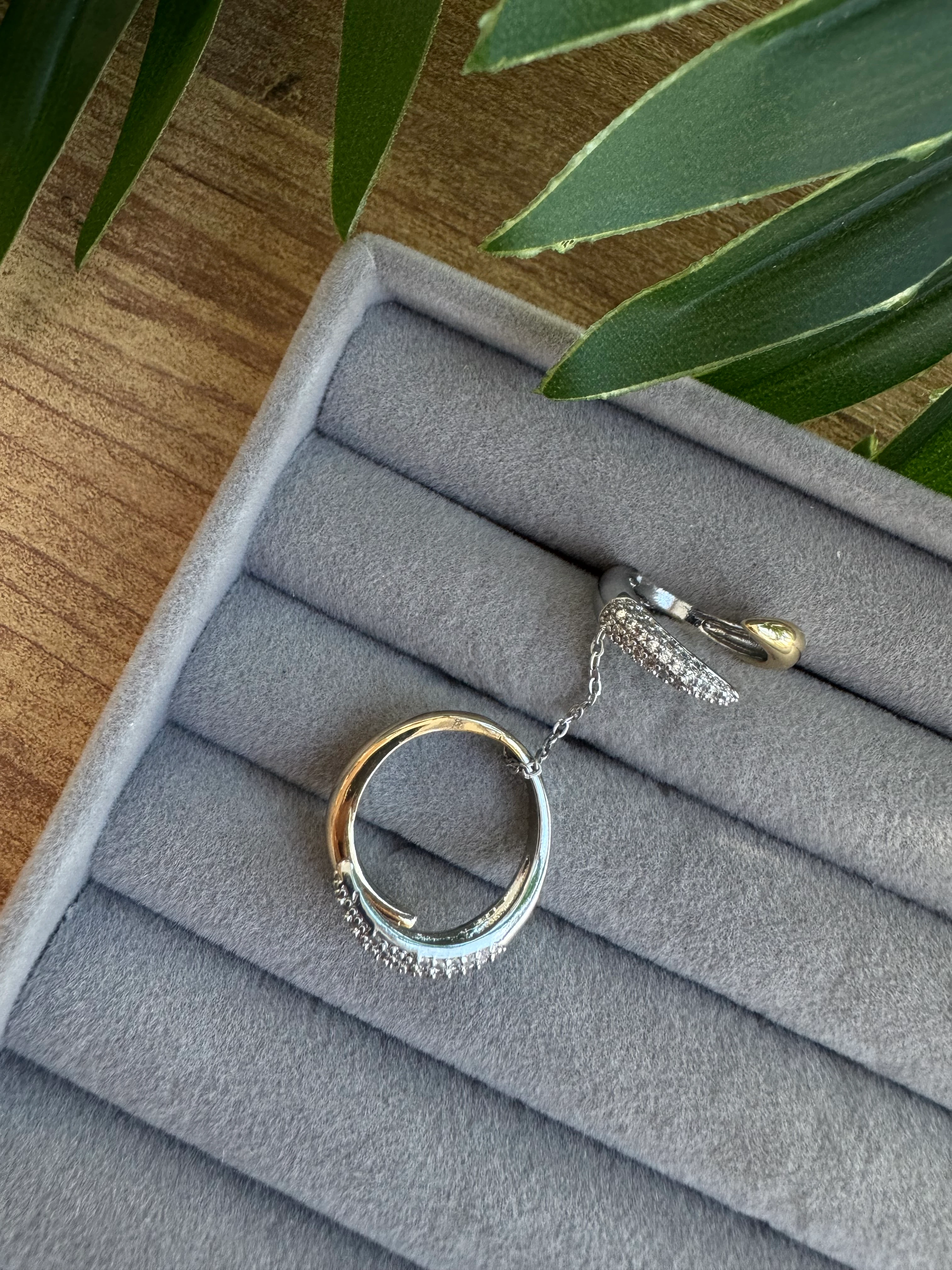 14K Altın Kaplama Taşlı, Taşsız 2'li Yüzük Seti