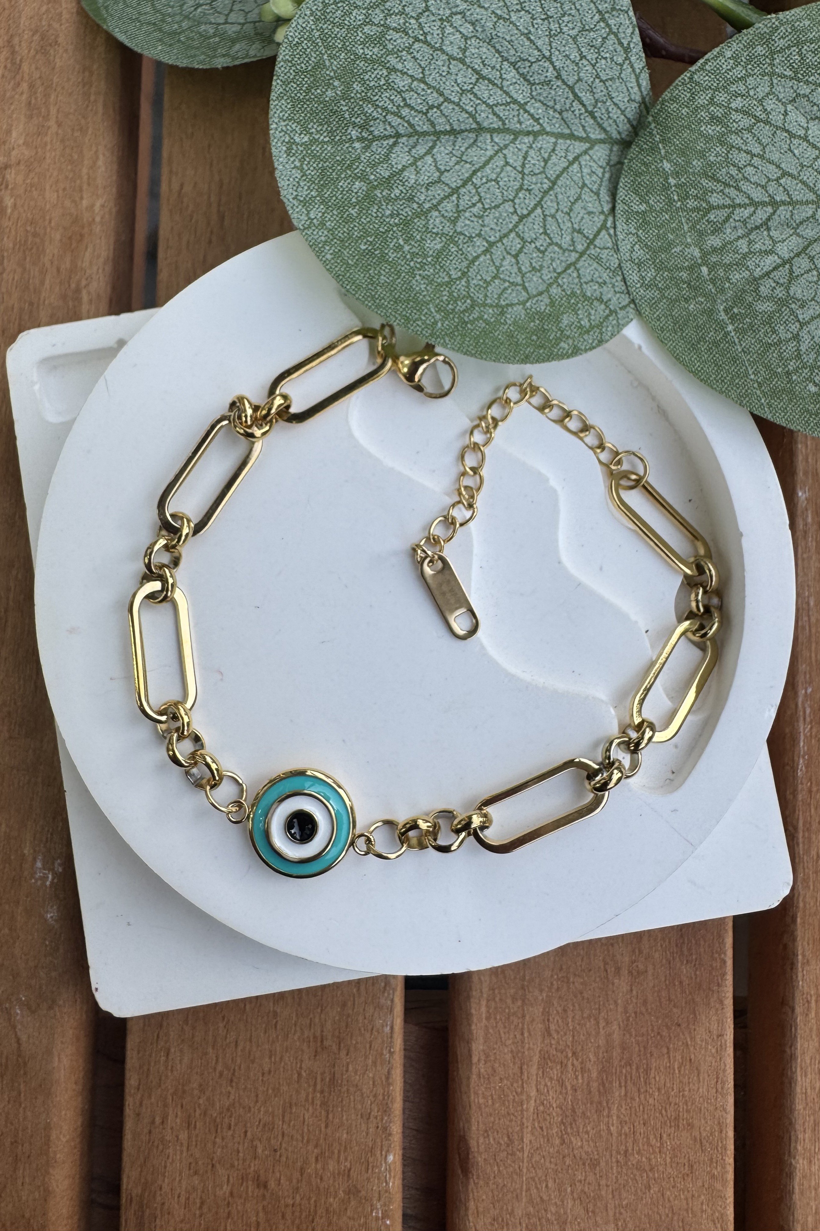 Çelik Mineli Nazar Bileklik Gold 17+5cm