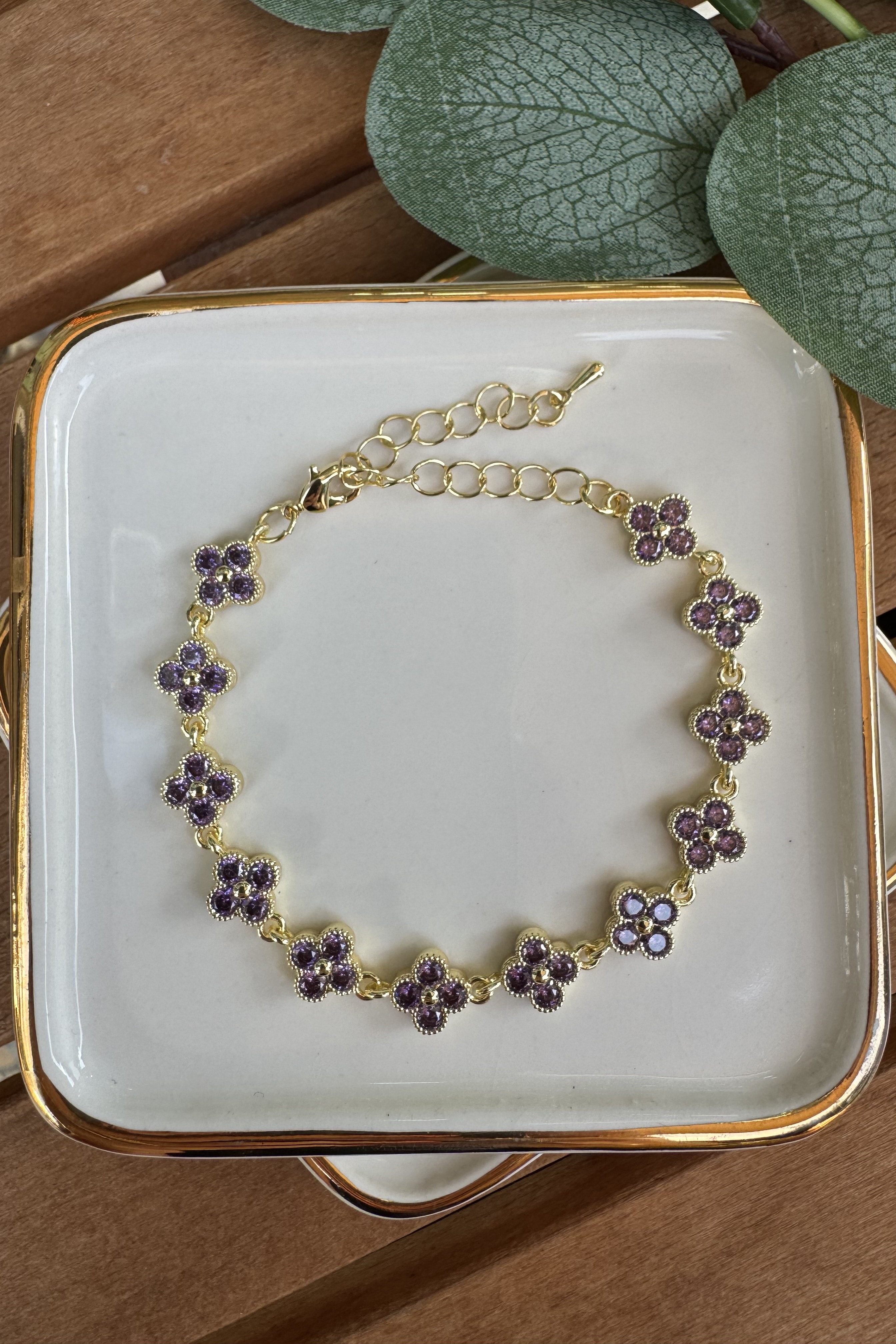 Bronz Lila Taşlı Yonca Bileklik Gold 15+6cm