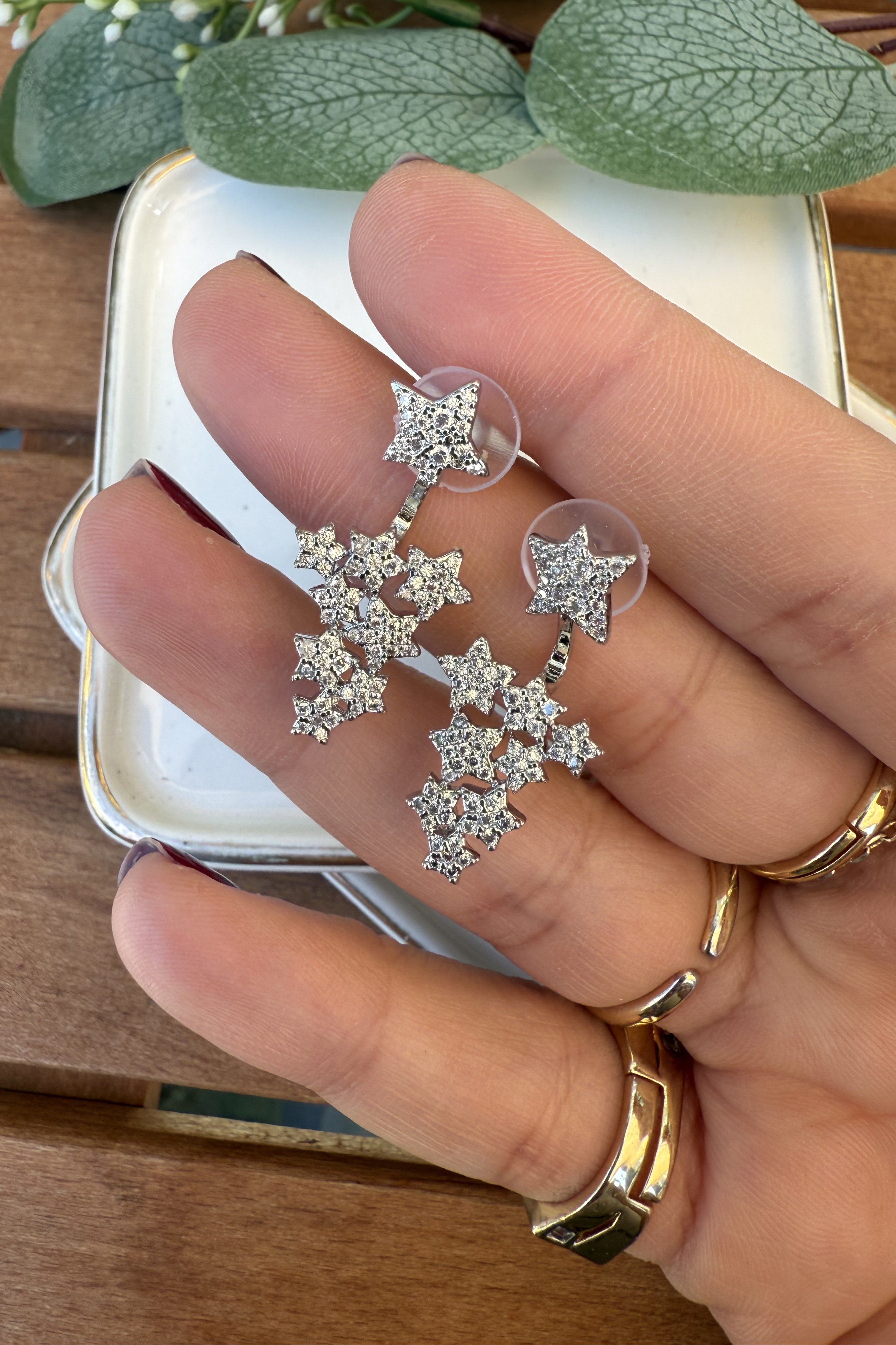 14K Altın Kaplama Arkadan Yıldız Sallantılı Küpe Silver