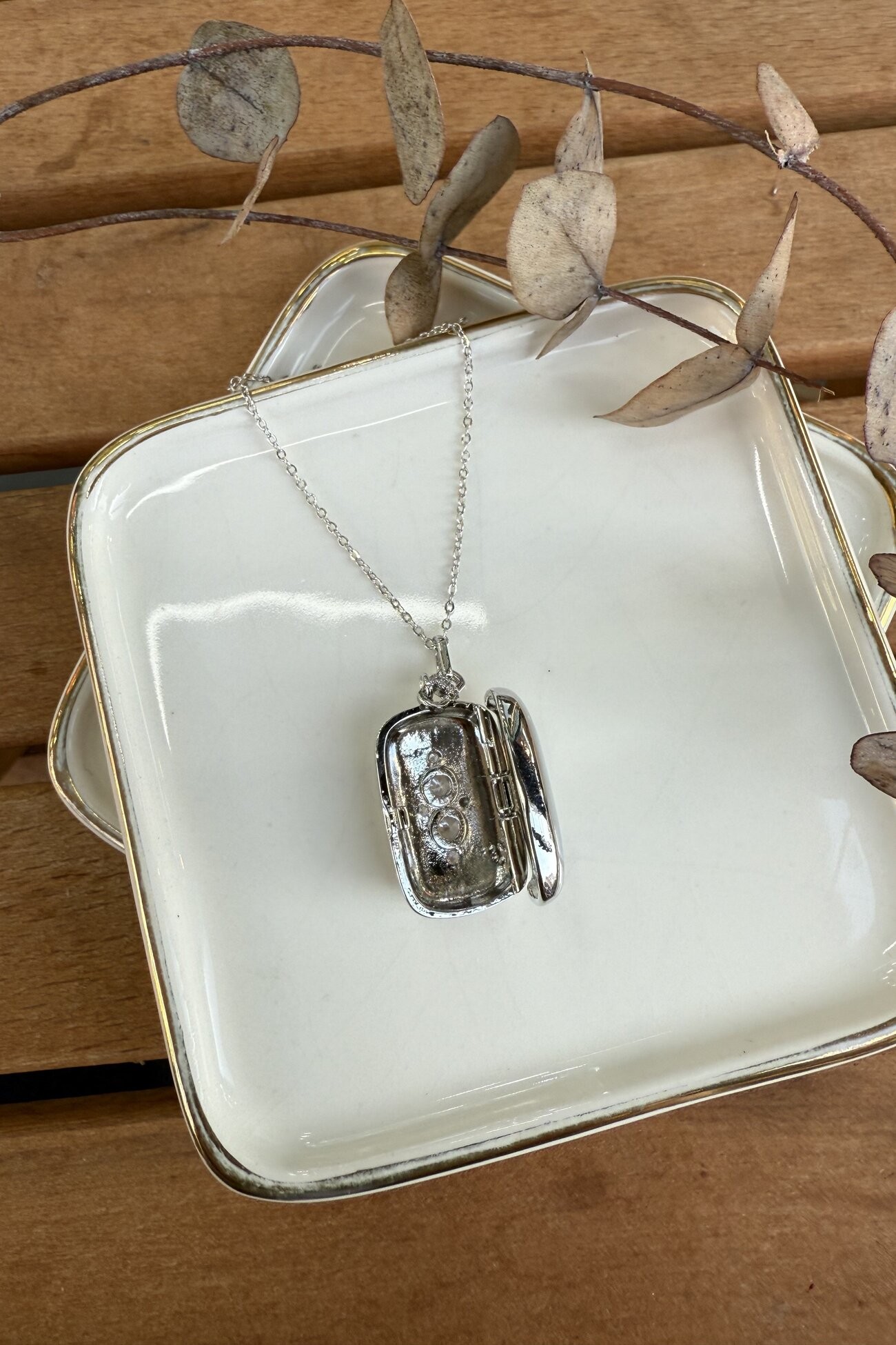 14K Altın Kaplama Plaka Üzeri Taşlı Madalyon Kolye Silver 56cm