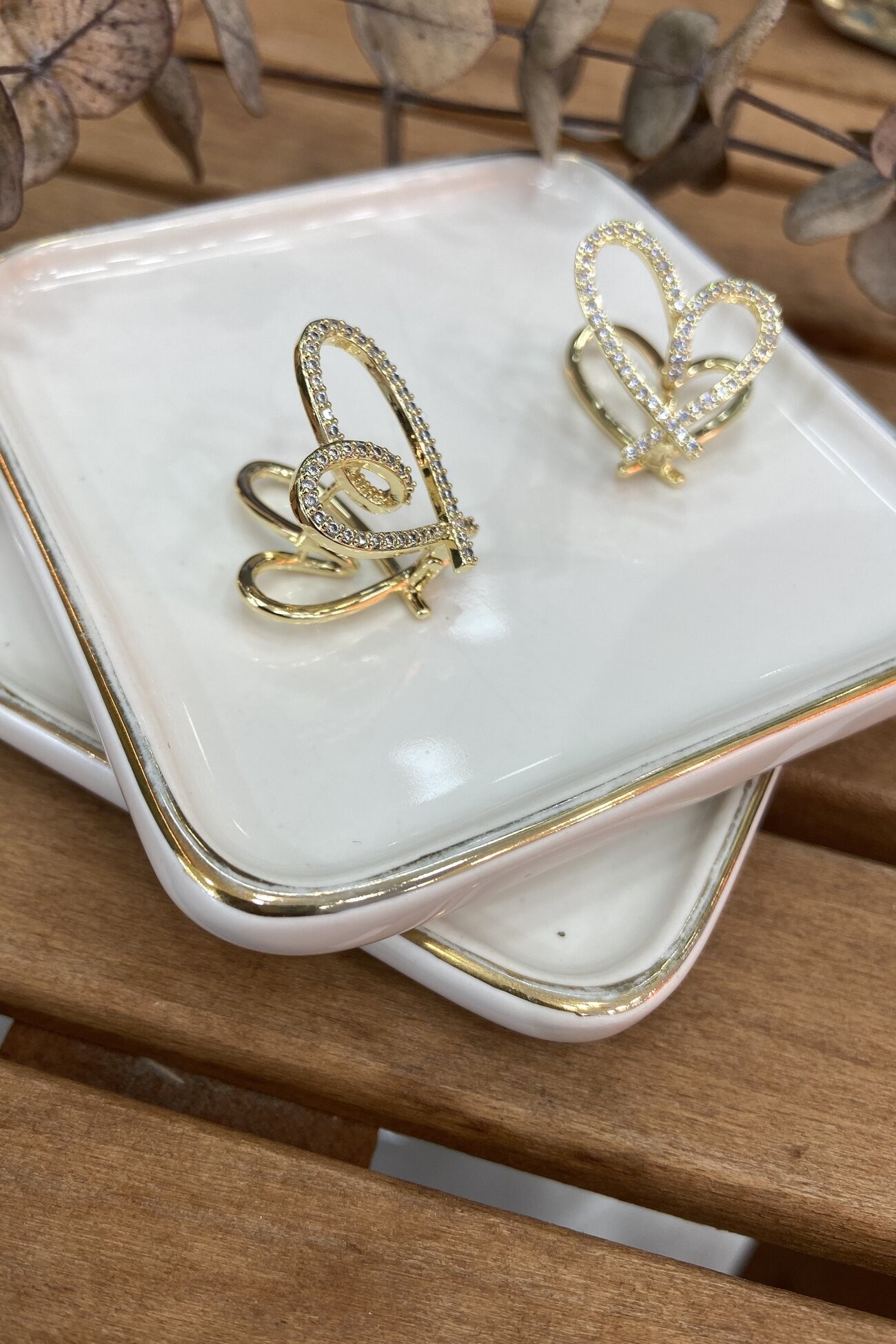 14K Altın Kaplama Çift Sıra Kalp Küpe