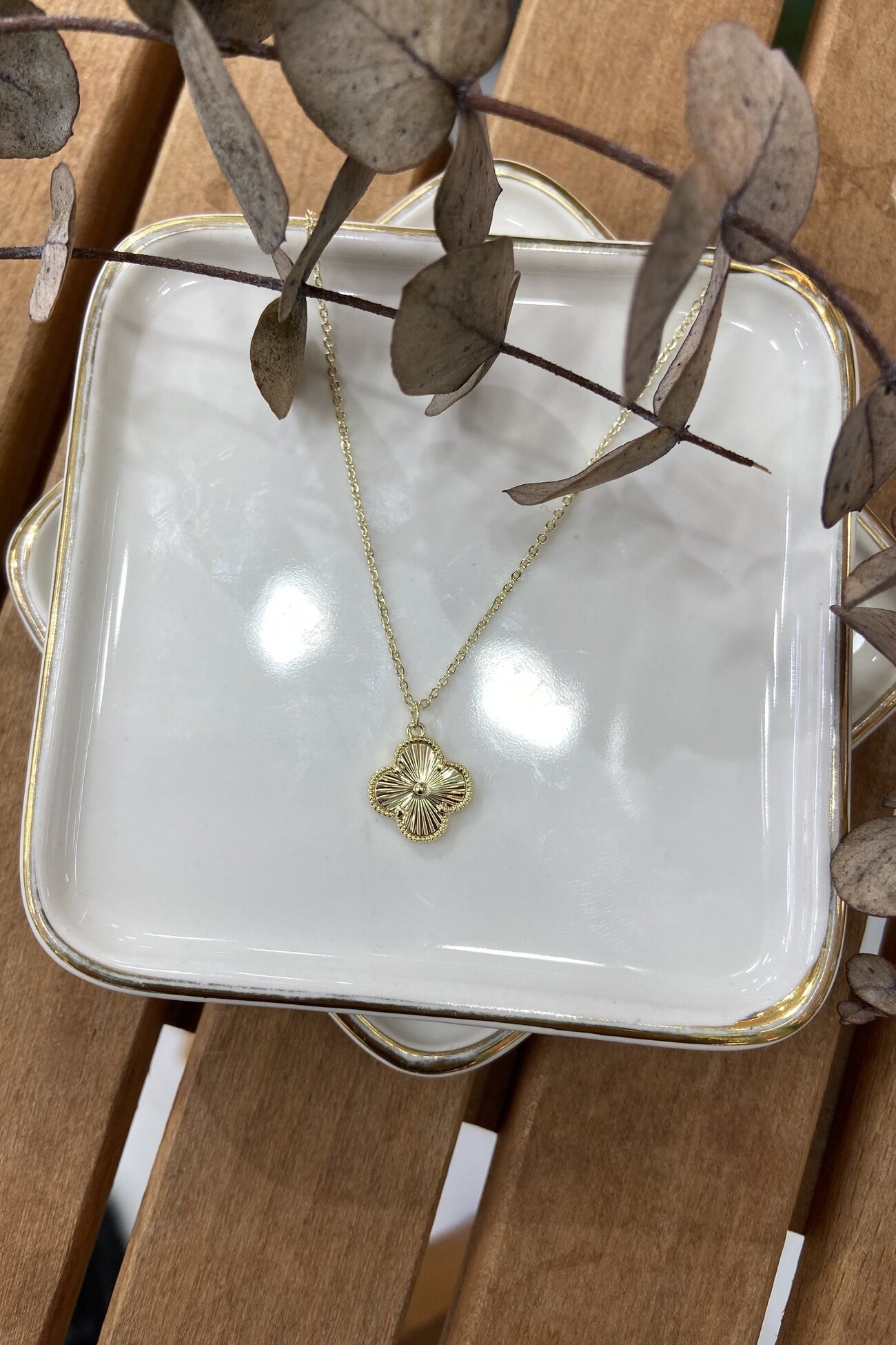 14K Altın Kaplama Tek Yonca Kolye Gold 46cm