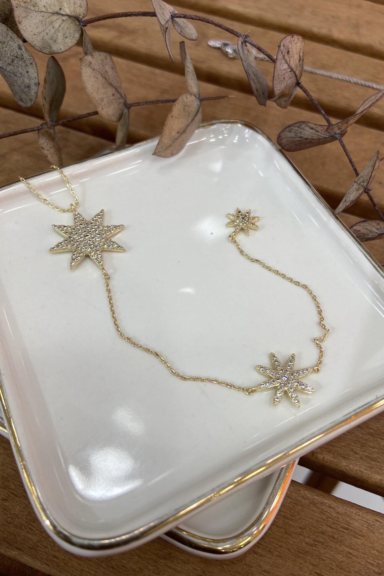 14K Altın Kaplama Yıldız Sallantılı Dekolte Kolyesi Gold 49cm