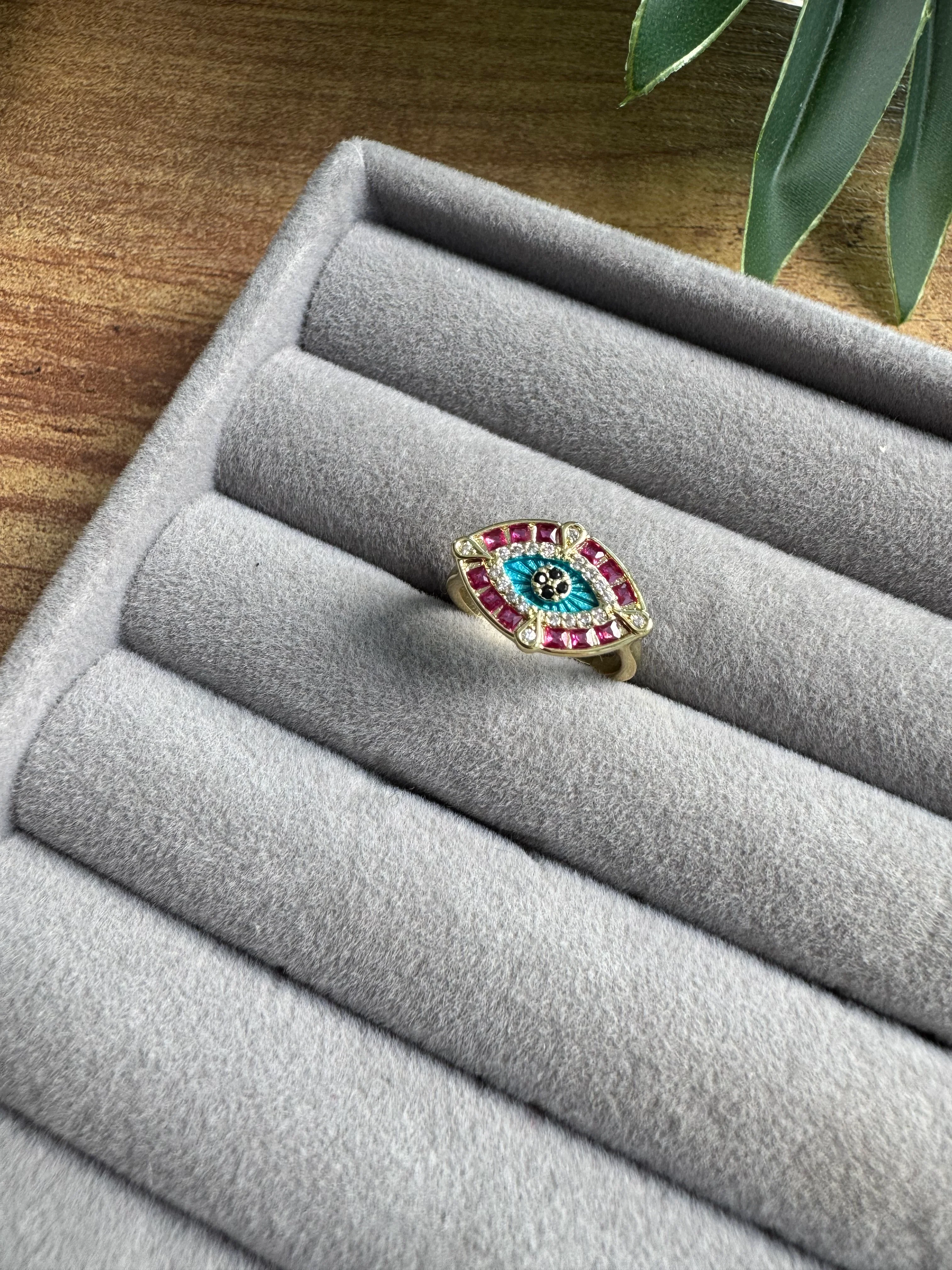 14K Altın Kaplama Fuşya Taşlı Göz Serçe Parmak Yüzüğü