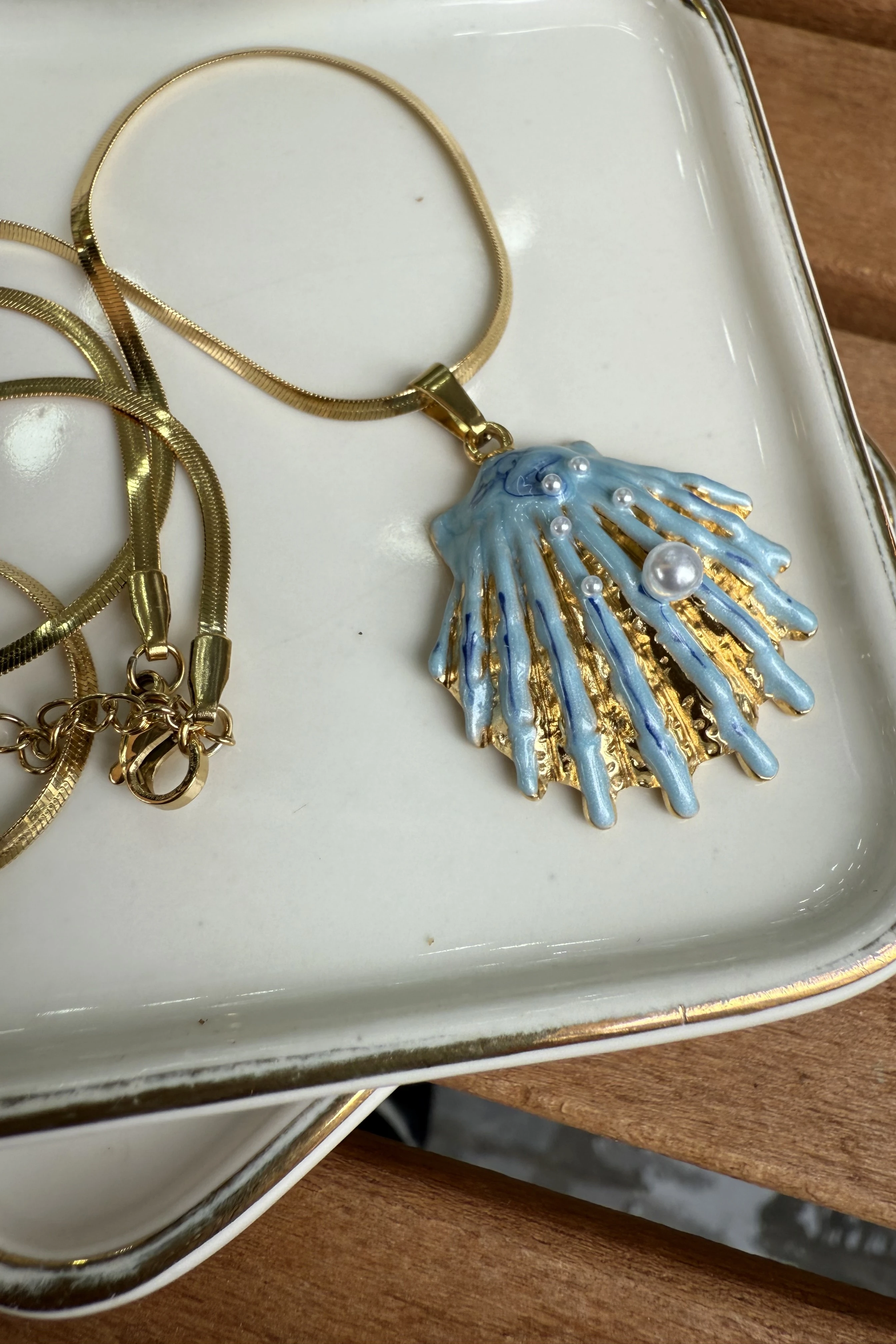 Çelik Mavi İstiridye Kolye 50cm