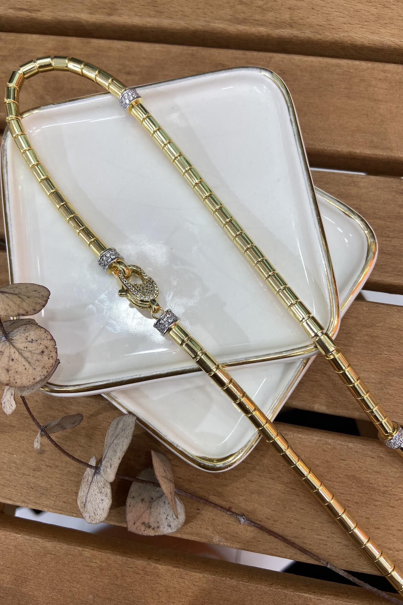 14K Altın Kaplama Silindir Uzun Kolye 64cm