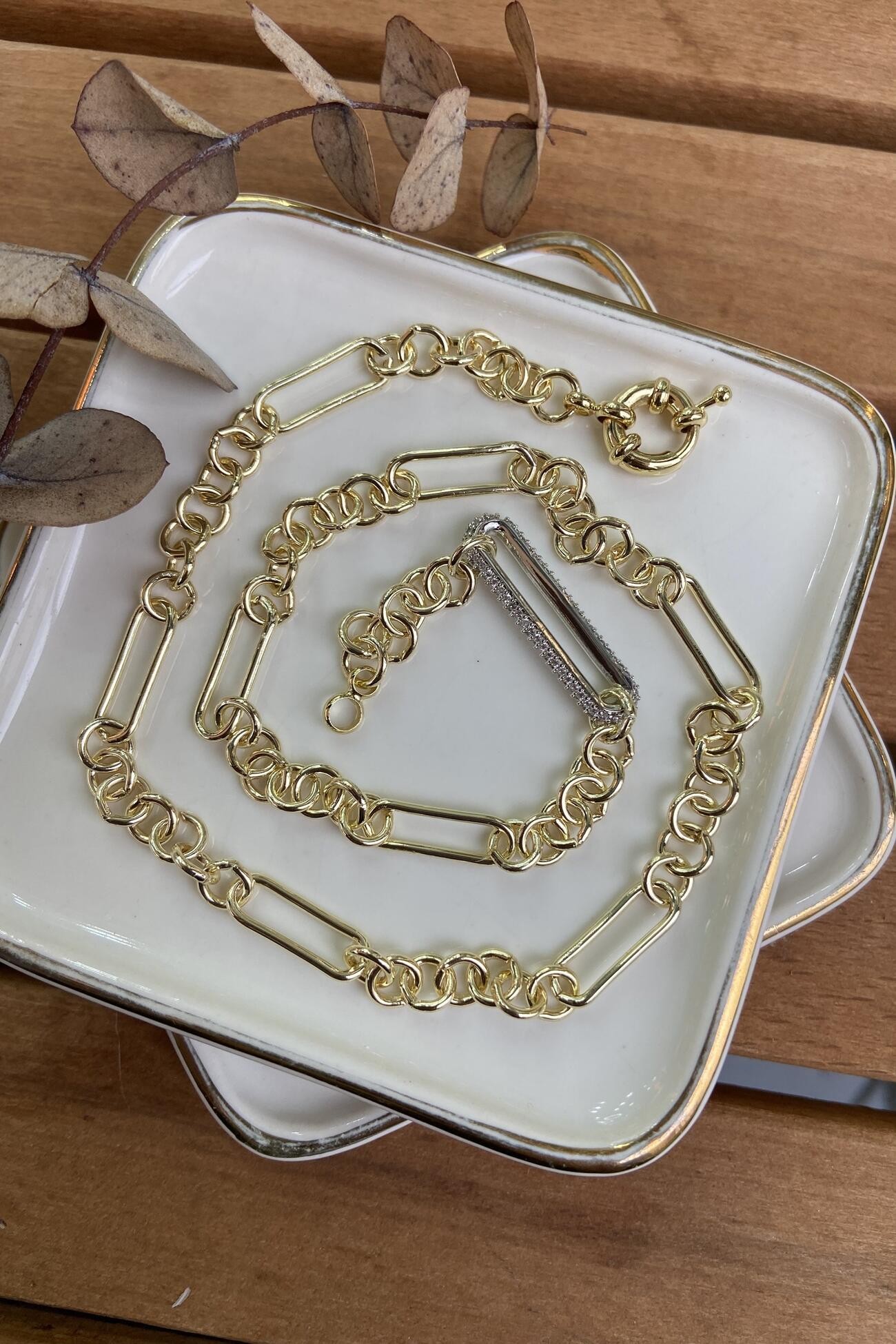 14K Altın Kaplama Taşlı Çubuk Zincir Kolye 45cm