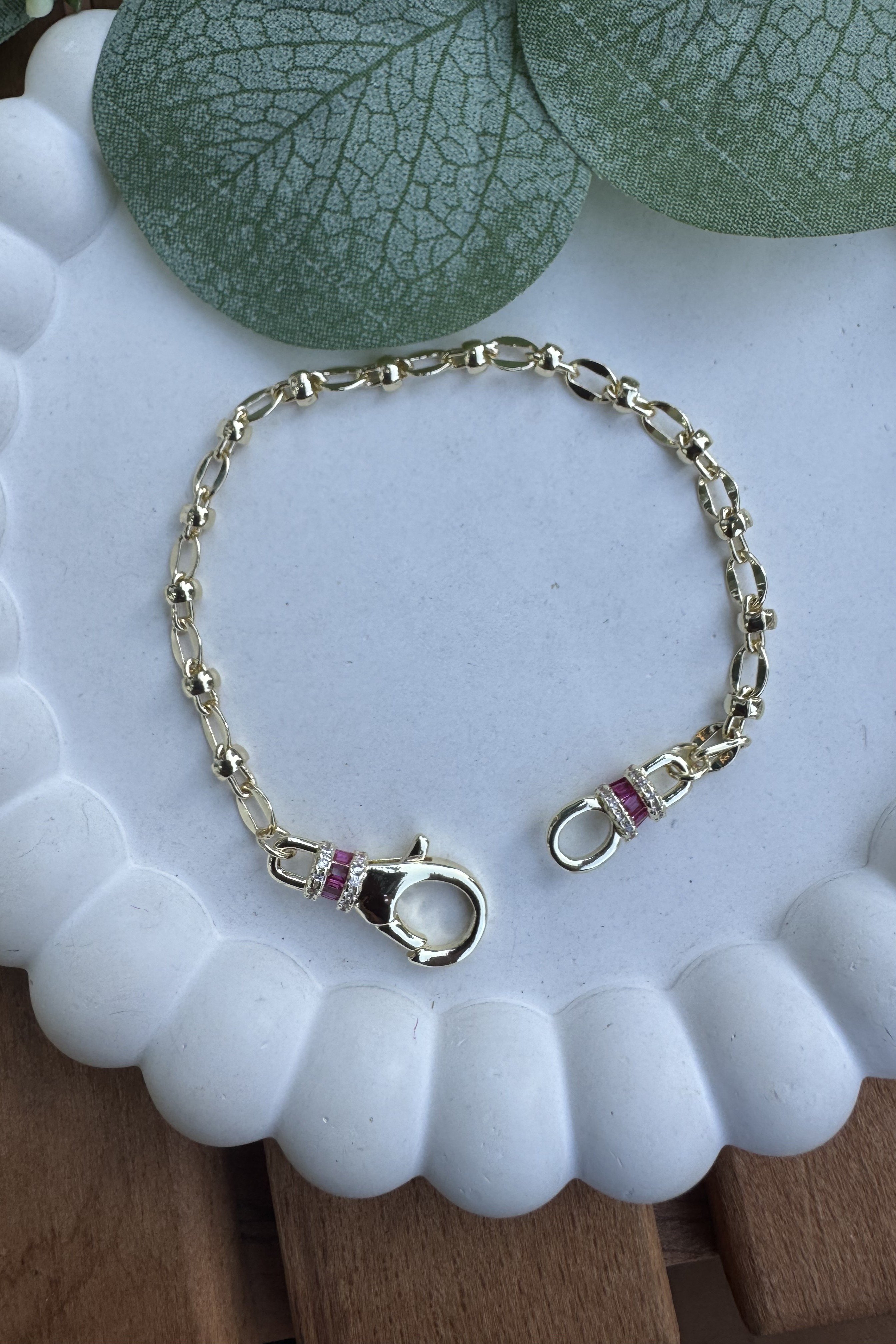 14K Altın Kaplama Fuşya Taşlı Kilit Bileklik 18cm