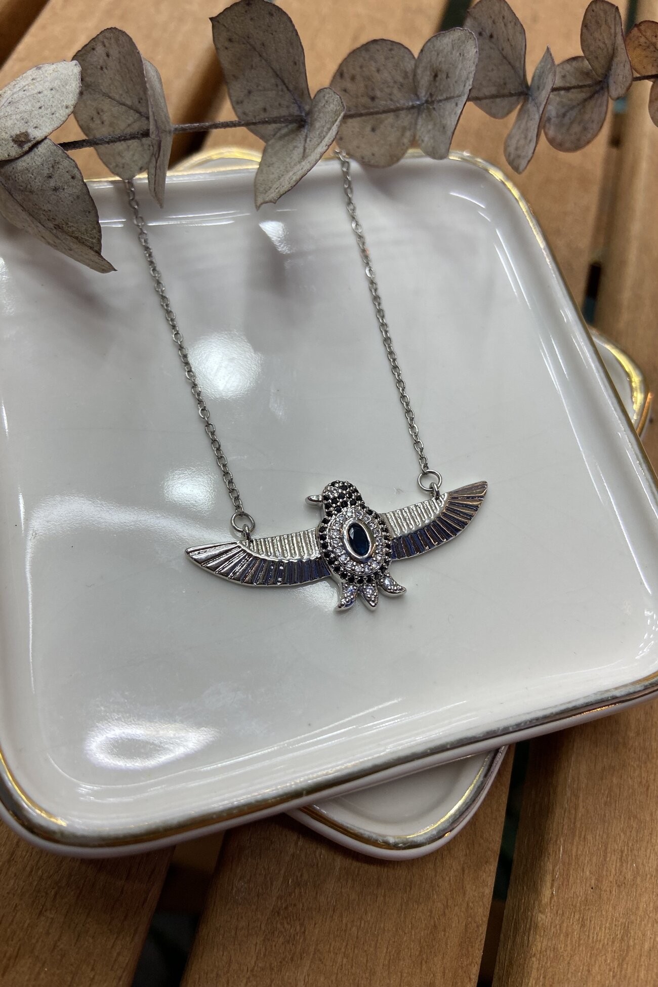 Çelik Lacivert Taşlı Kuş Kolye Silver 48 cm