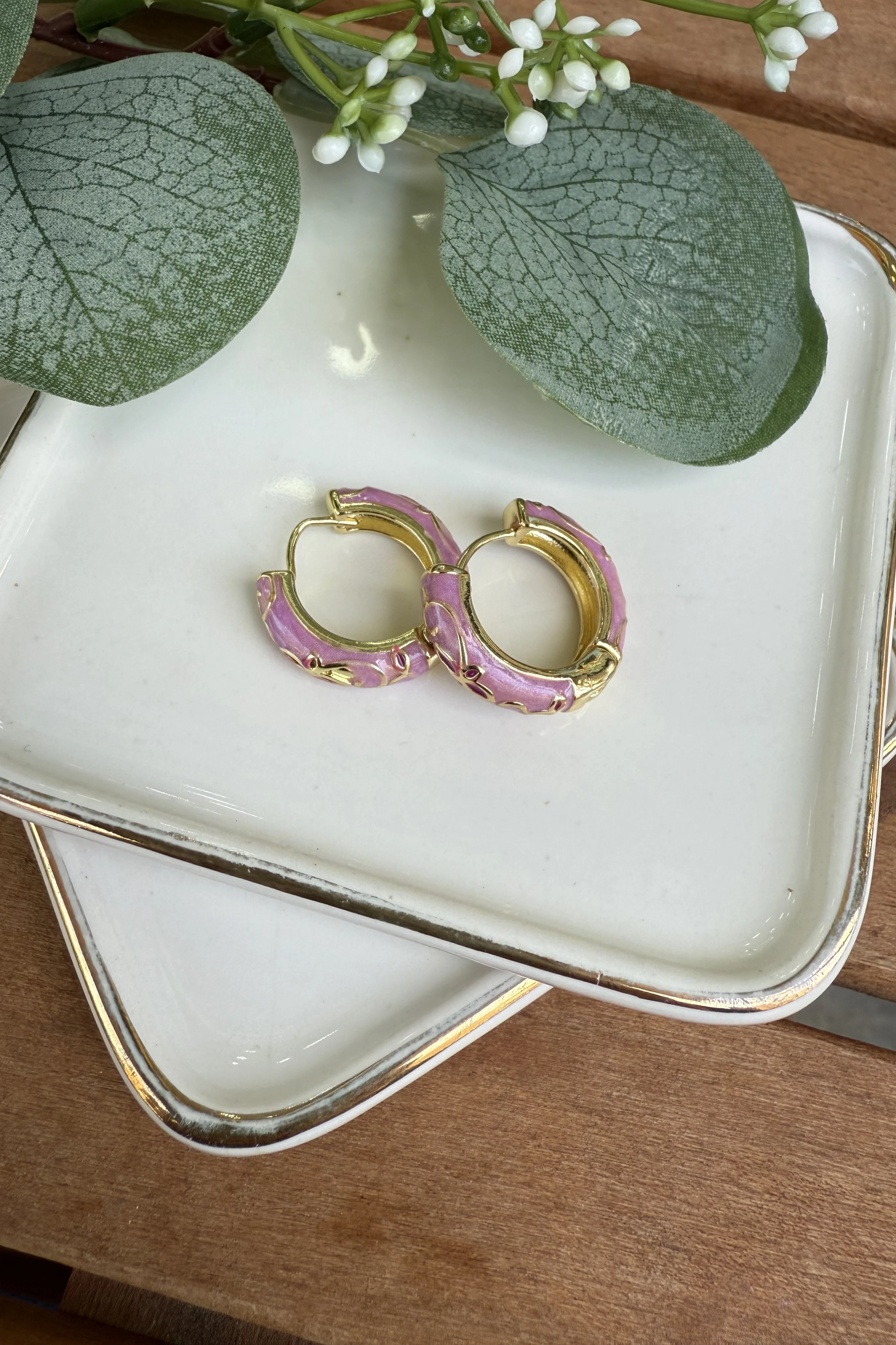 14K Altın Kaplama Pembe Mineli Mina Küpe