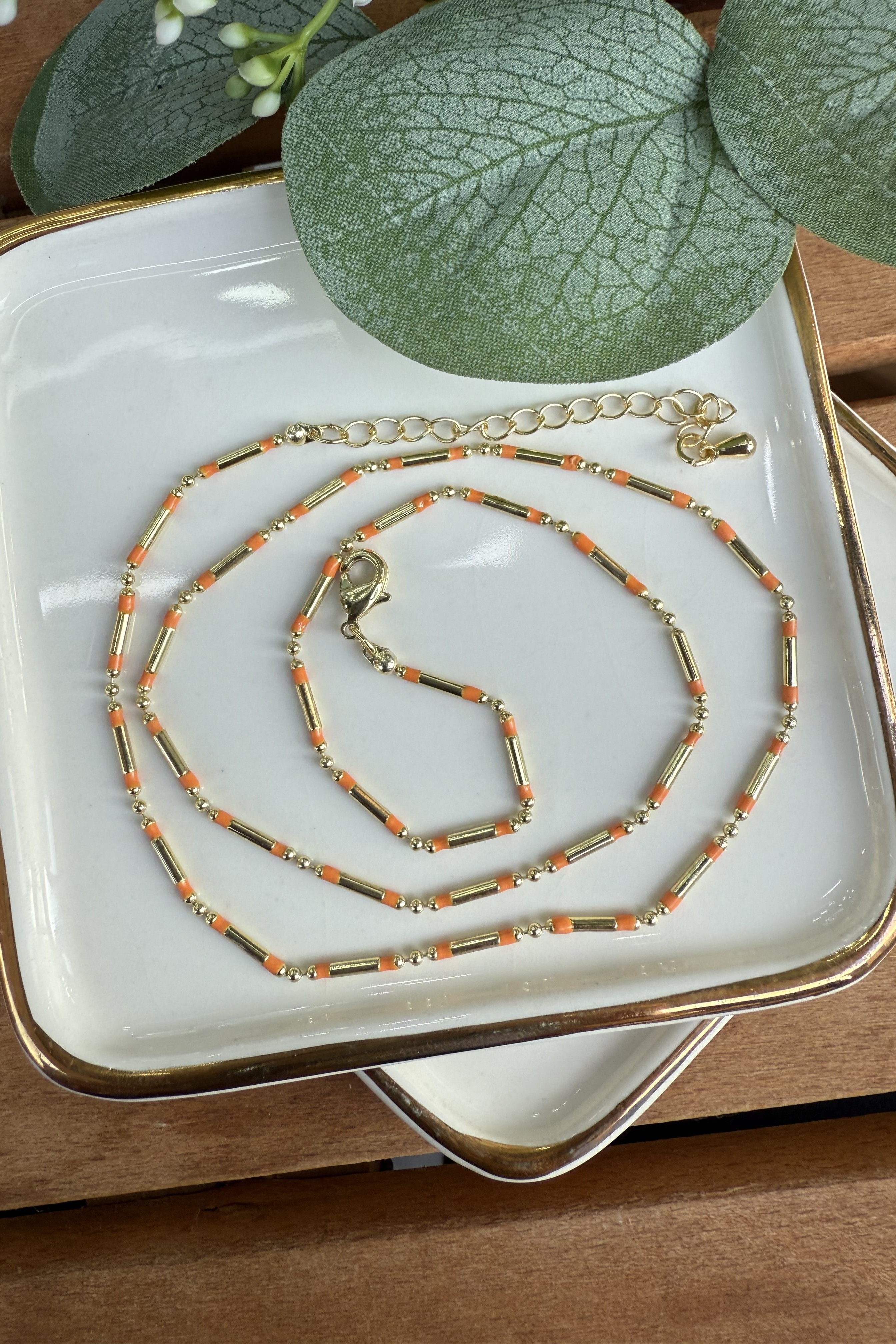 14K Altın Kaplama Silindir Turuncu Boncuk Geçişli Kolye 45+5cm