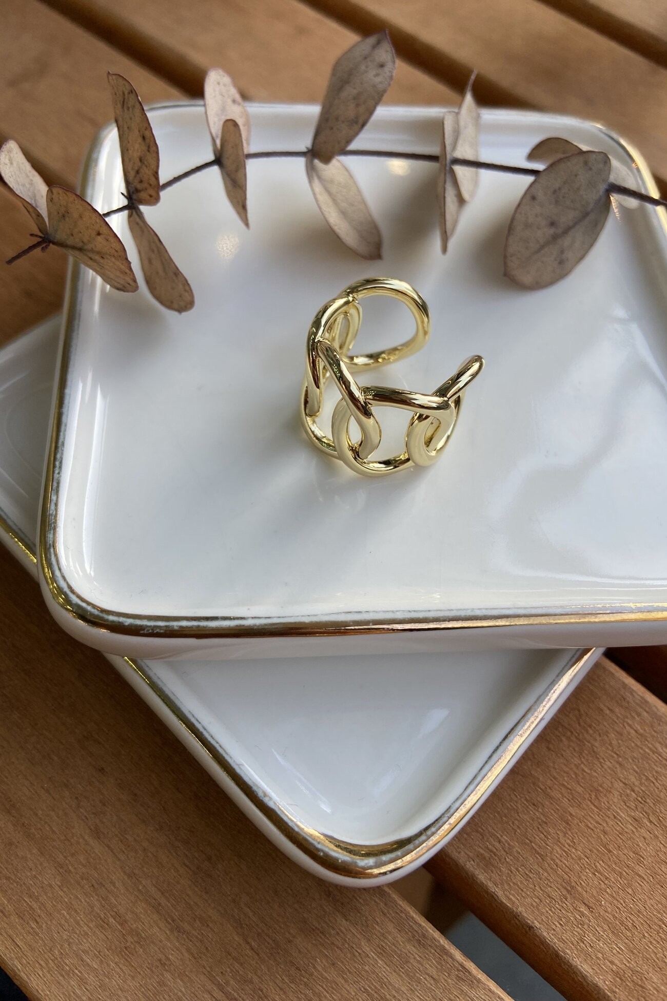 14K Altın Kaplama Kalın Zincir Yüzük Gold