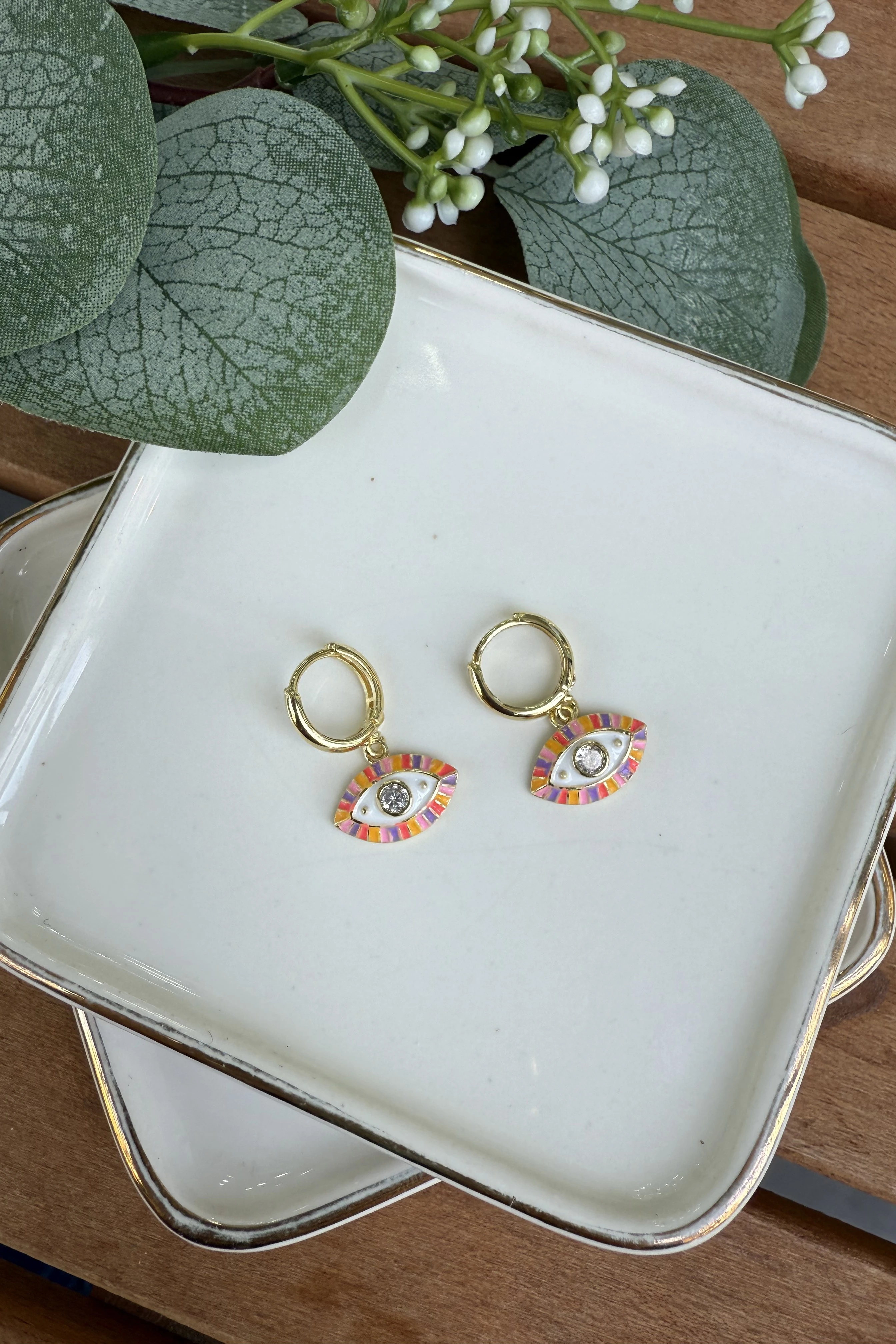 14K Altın Kaplama Renkli Mineli Göz Küpe