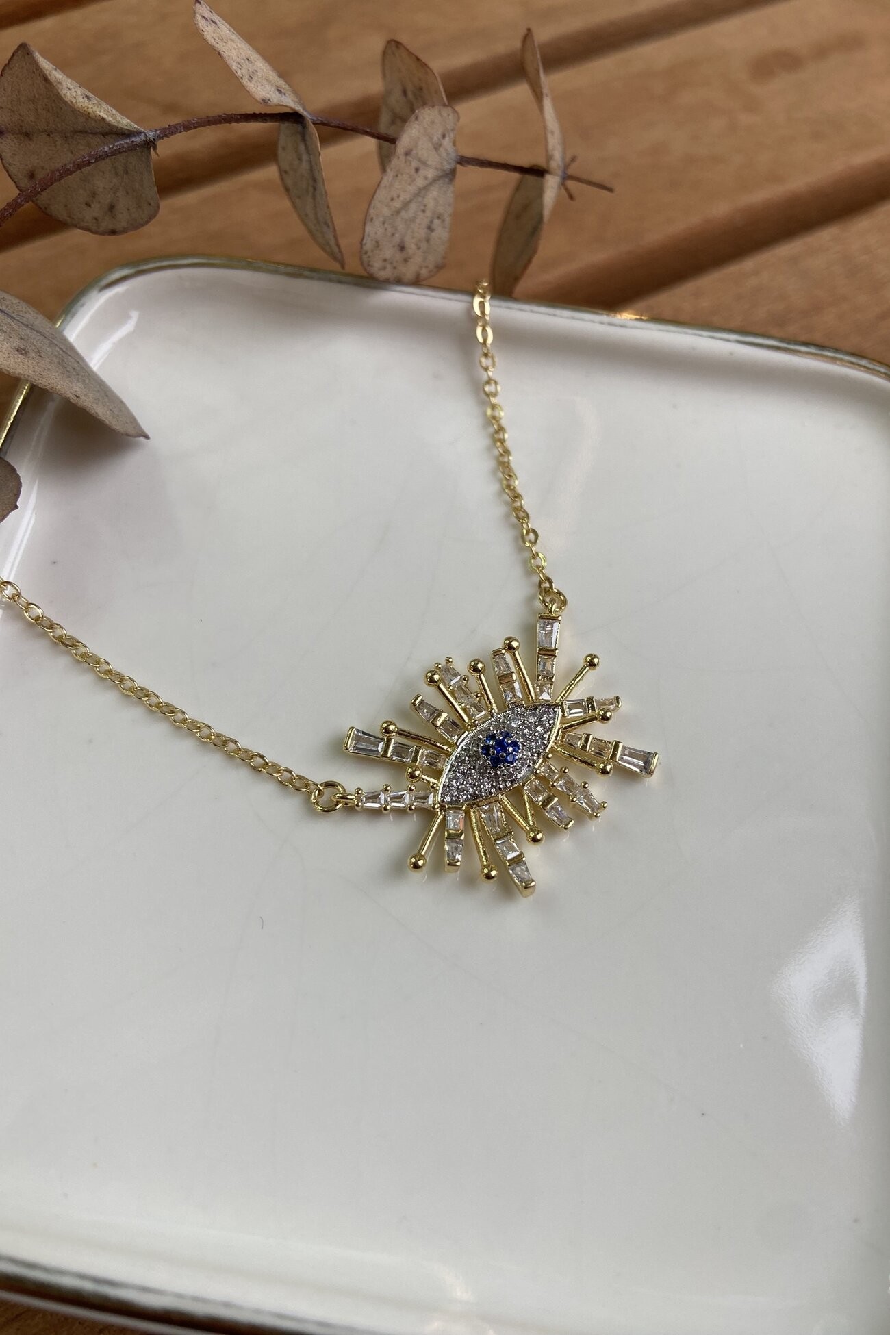 14K Altın Kaplama Taşlı, Kirpikli Göz Kolye 53cm