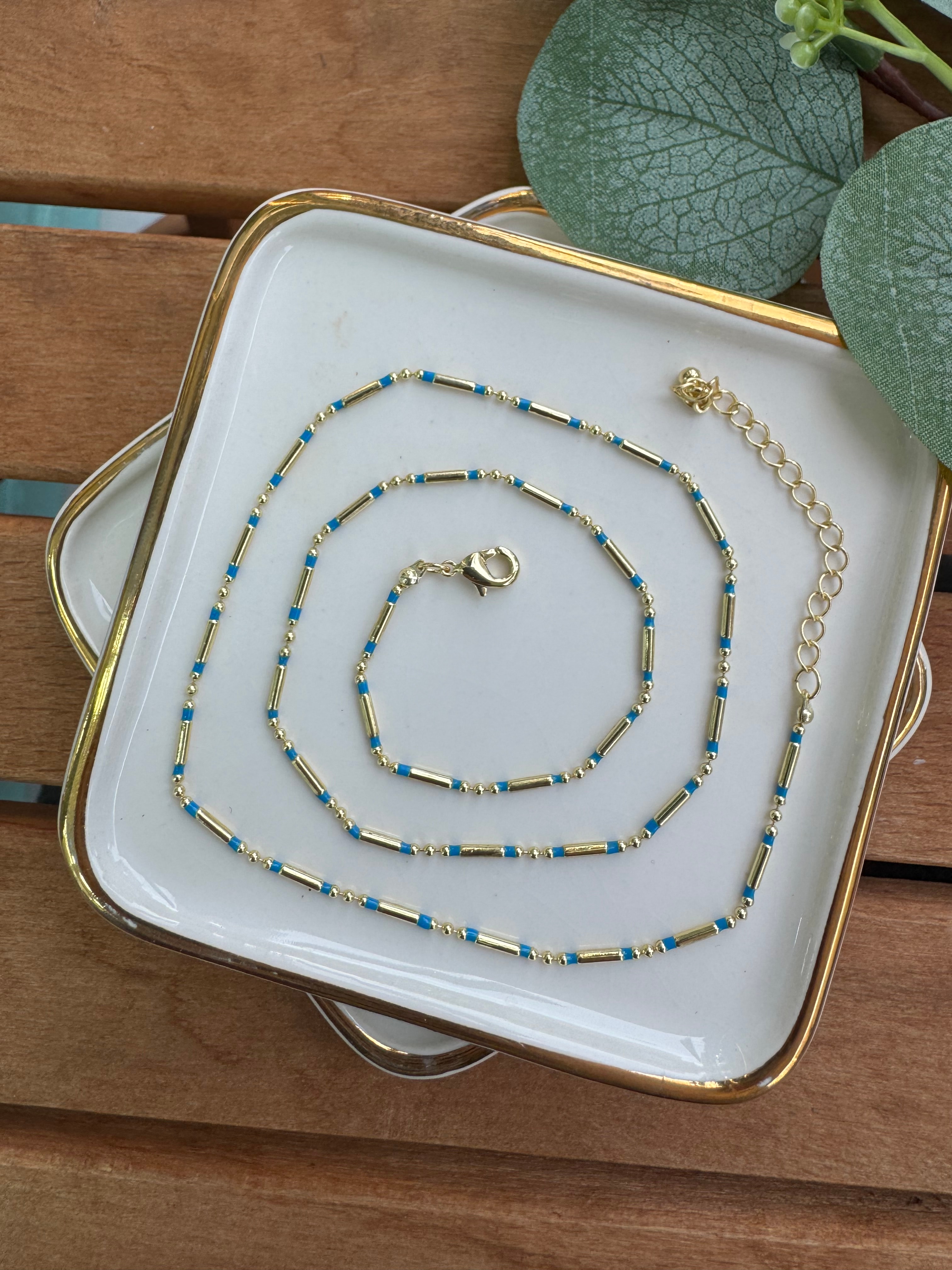 14K Altın Kaplama Silindir Mavi Boncuk Geçişli Kolye 45+5cm