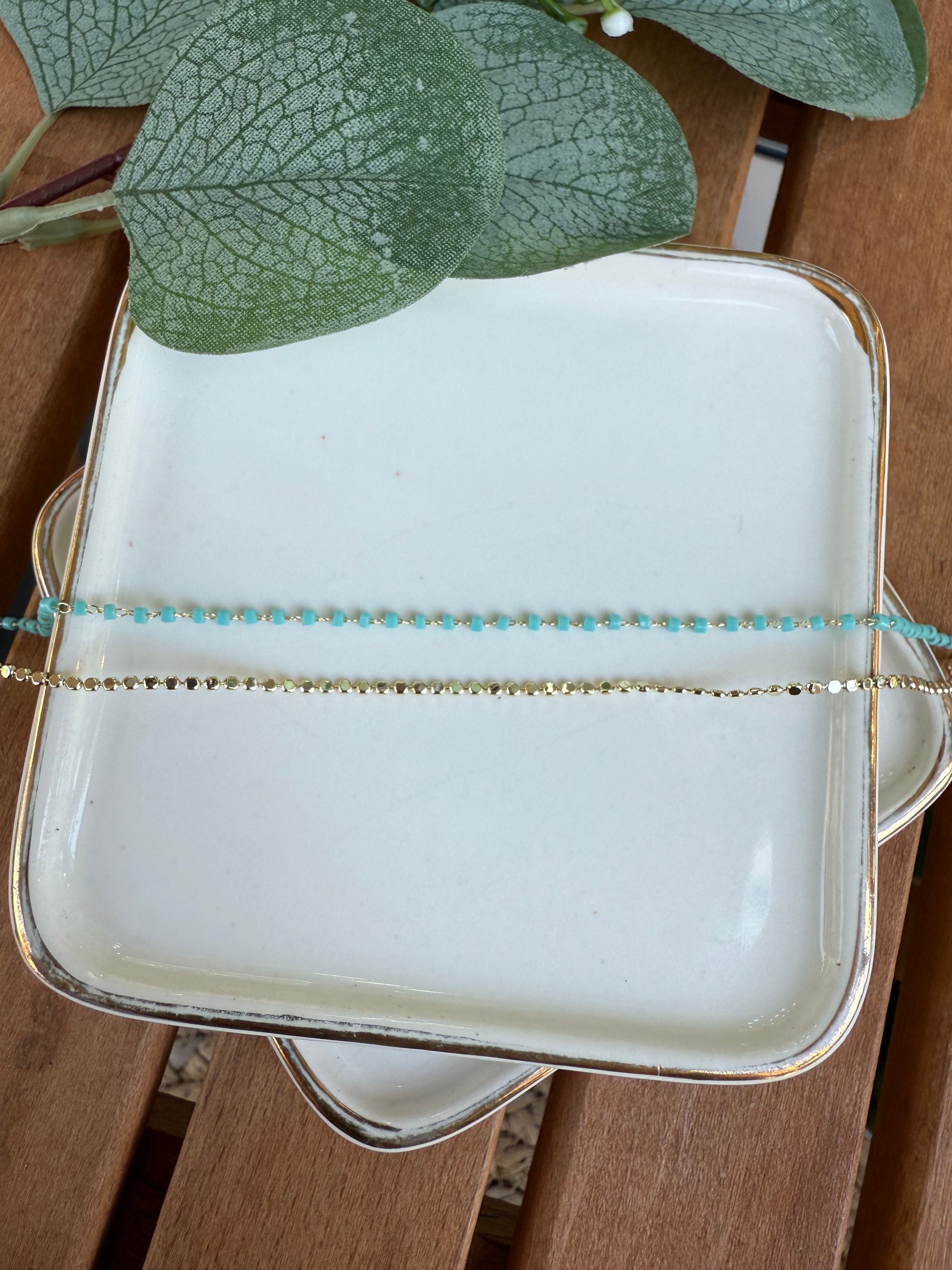 14K Altın Kaplama Turkuaz Boncuk, Ezme Zincir Halhal 24cm