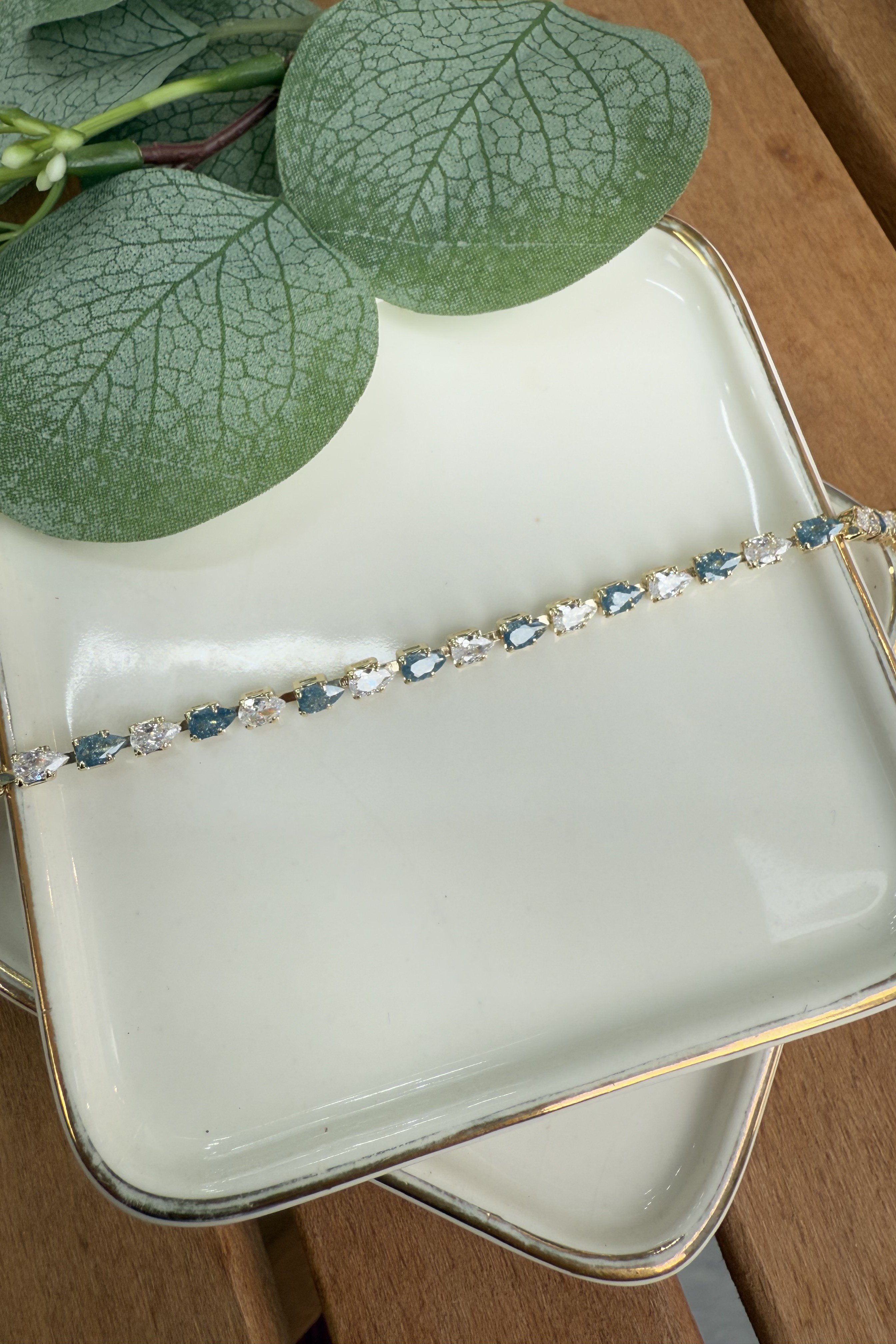 14K Altın Kaplama Mavi & Beyaz Taşlı Bileklik 17+1cm