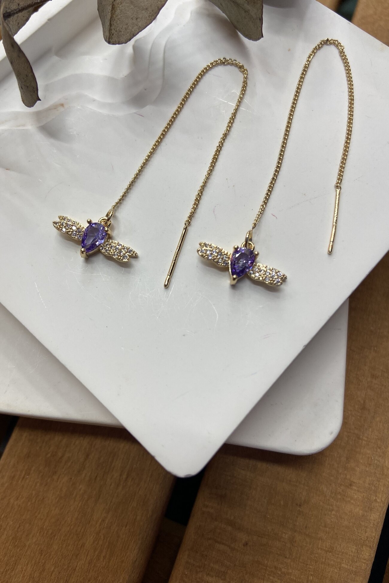 14K Altın Kaplama Yusufçuk Zincirli Küpe Gold