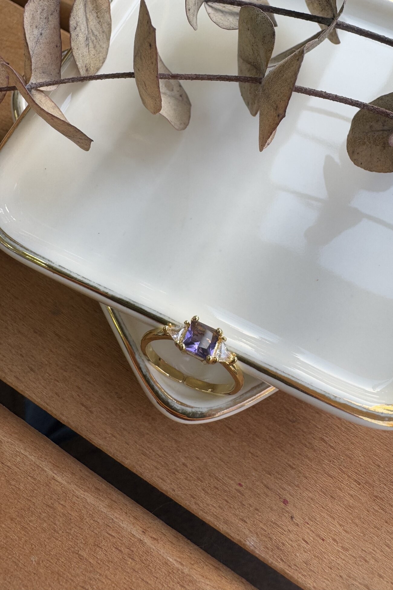 14K Altın Kaplama Kare Taşlı Minimal Yüzük Gold