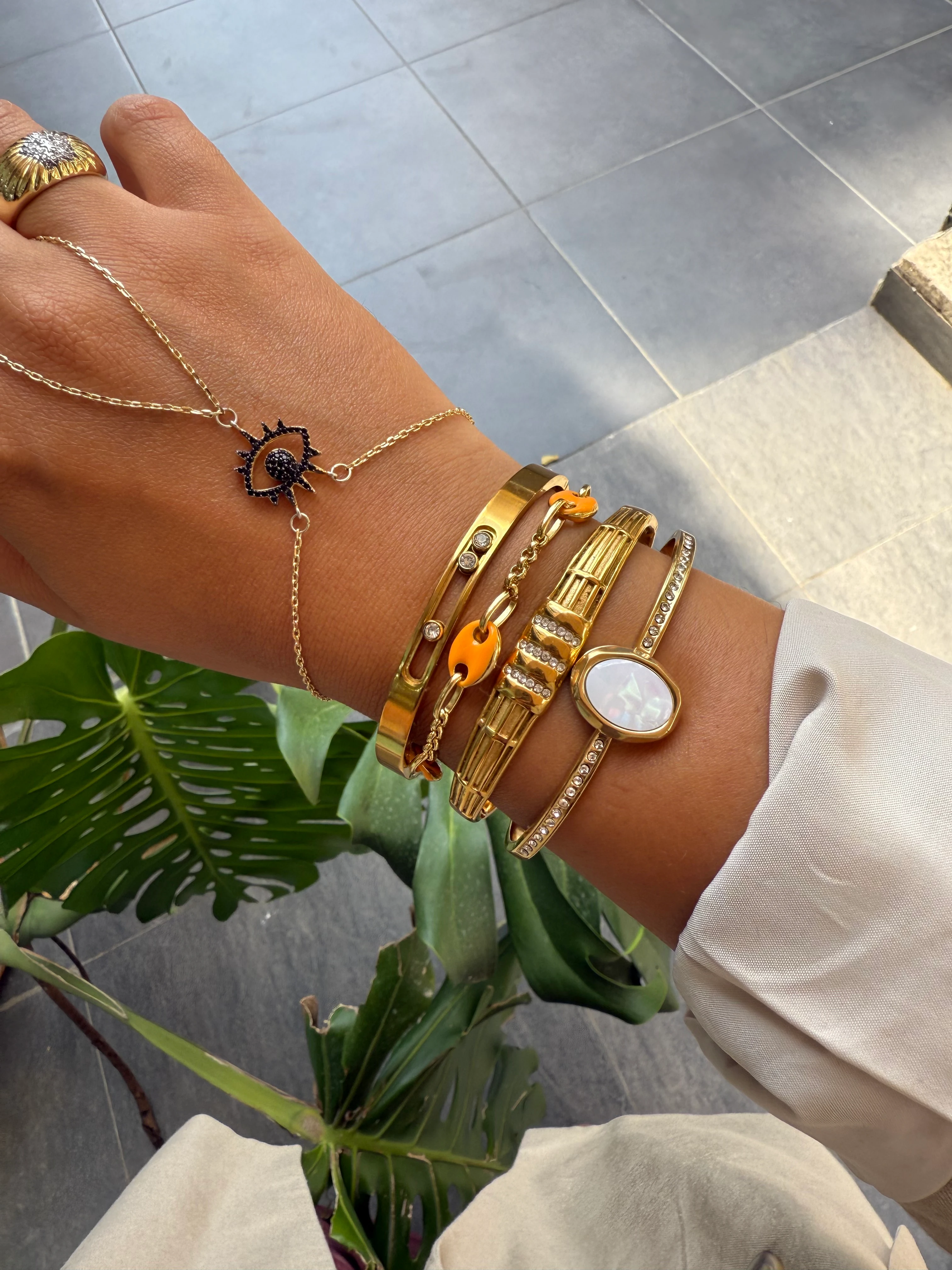 Çelik Turuncu Mineli Düğme Bileklik 17+5cm