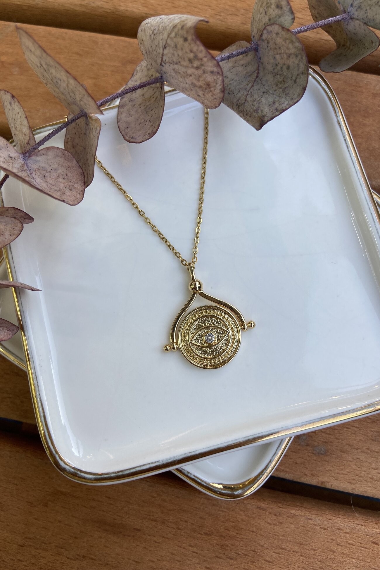 Çelik Vintage Göz Kolye Gold 45cm