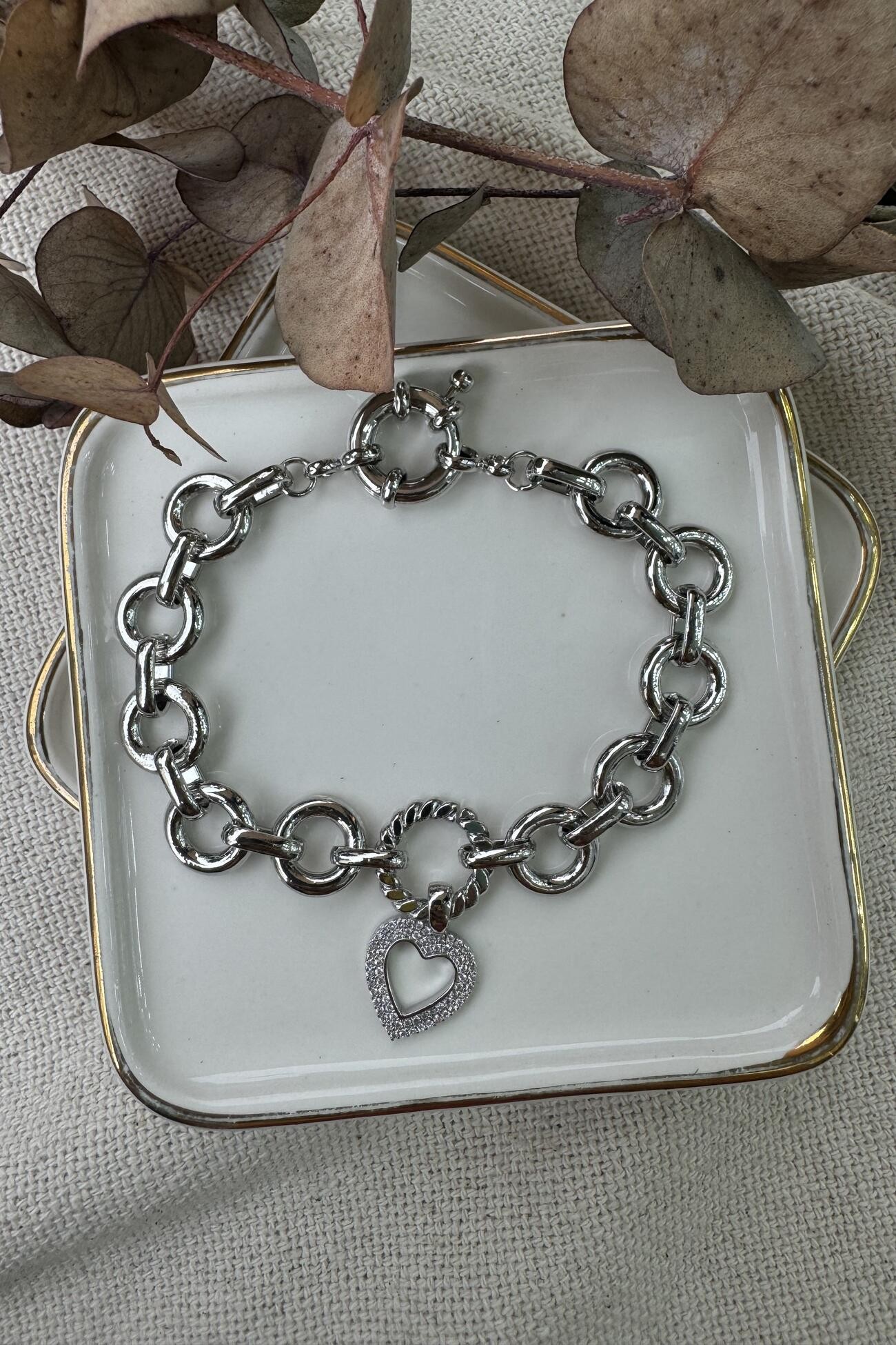 14K Altın Kaplama Taşlı Kalp Sallantılı Bileklik 19cm