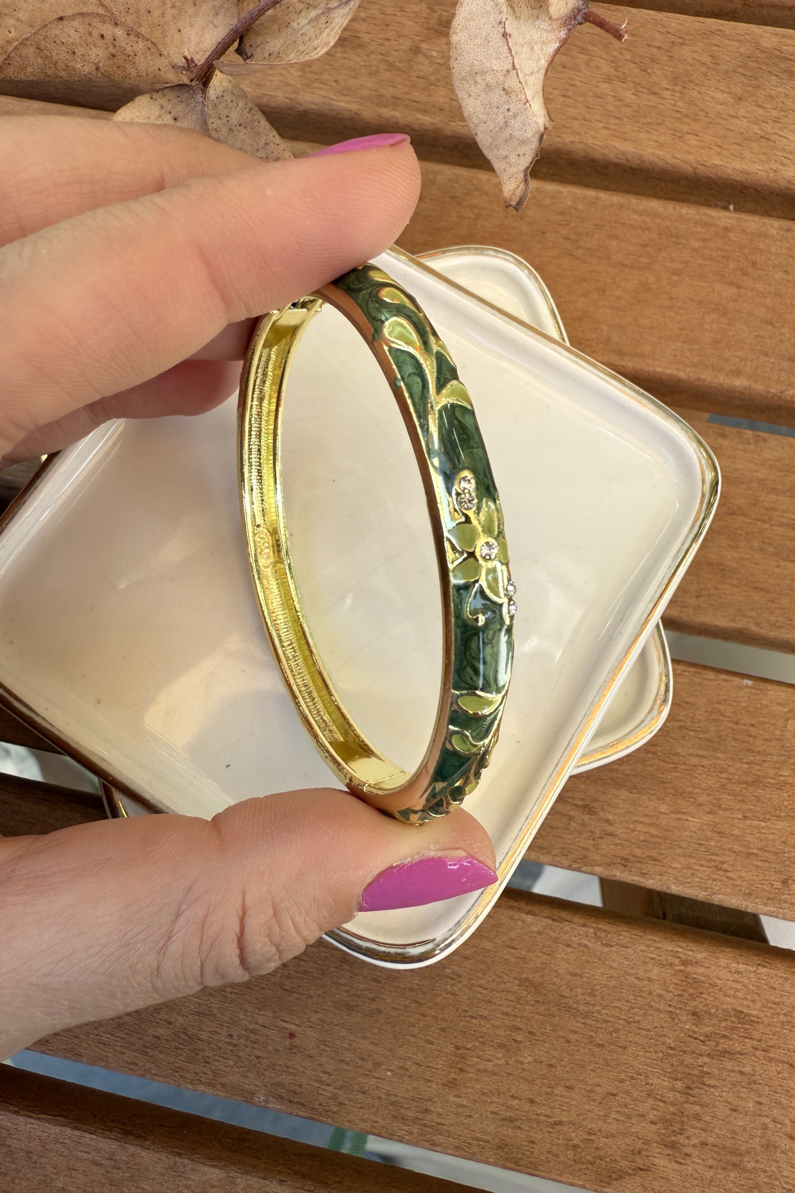 14K Altın Kaplama İnce Yeşil Emily Bilezik  5.7cm