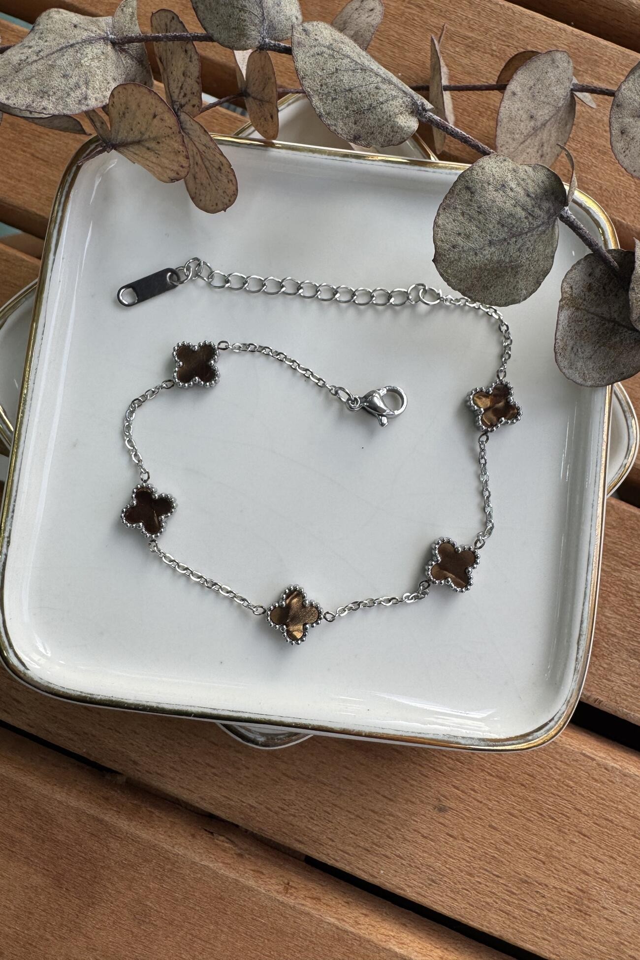 Çelik Kahve Mini Sedefli Yonca Bileklik Silver 19+5cm