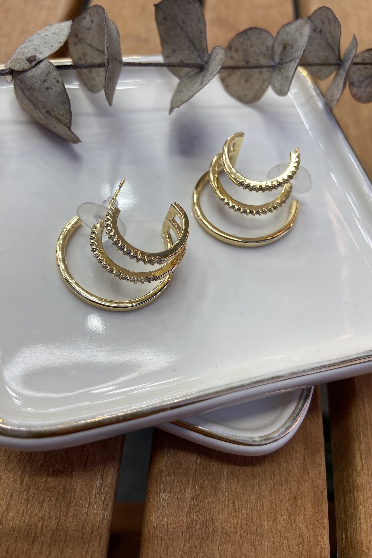 14K Altın Kaplama Taşlı Üçlü Görünümlü Küpe Gold