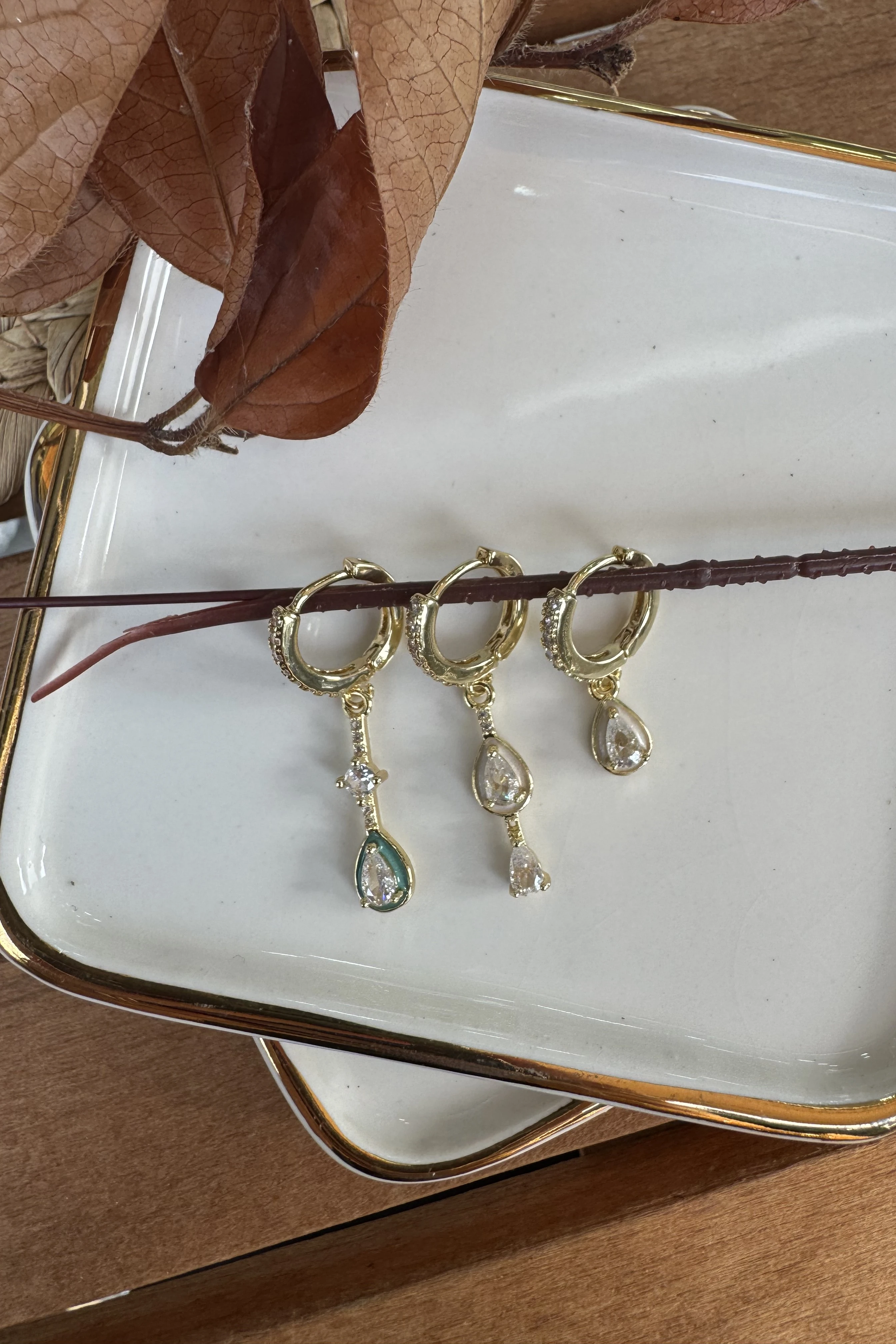 14K Altın Kaplama Damlalar 3'lü Küpe Seti Gold