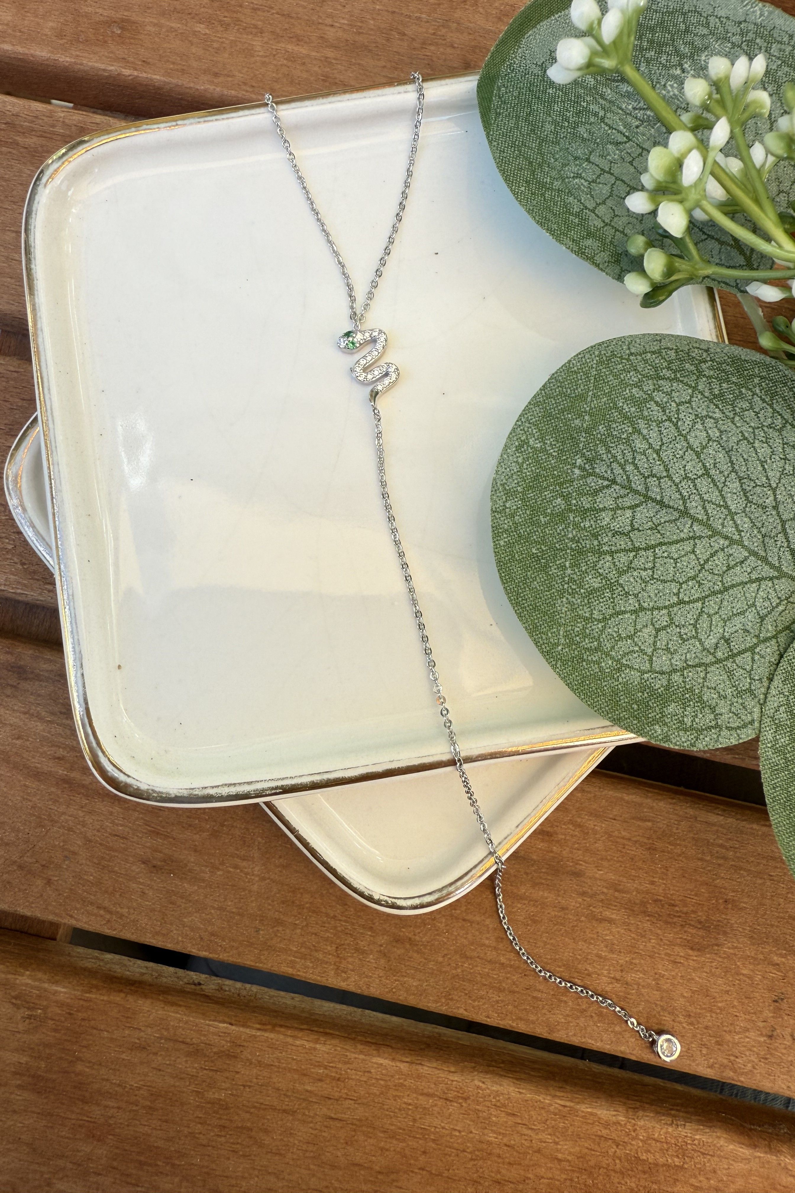 14K Altın Kaplama Yılan Y Kolye Silver 45cm