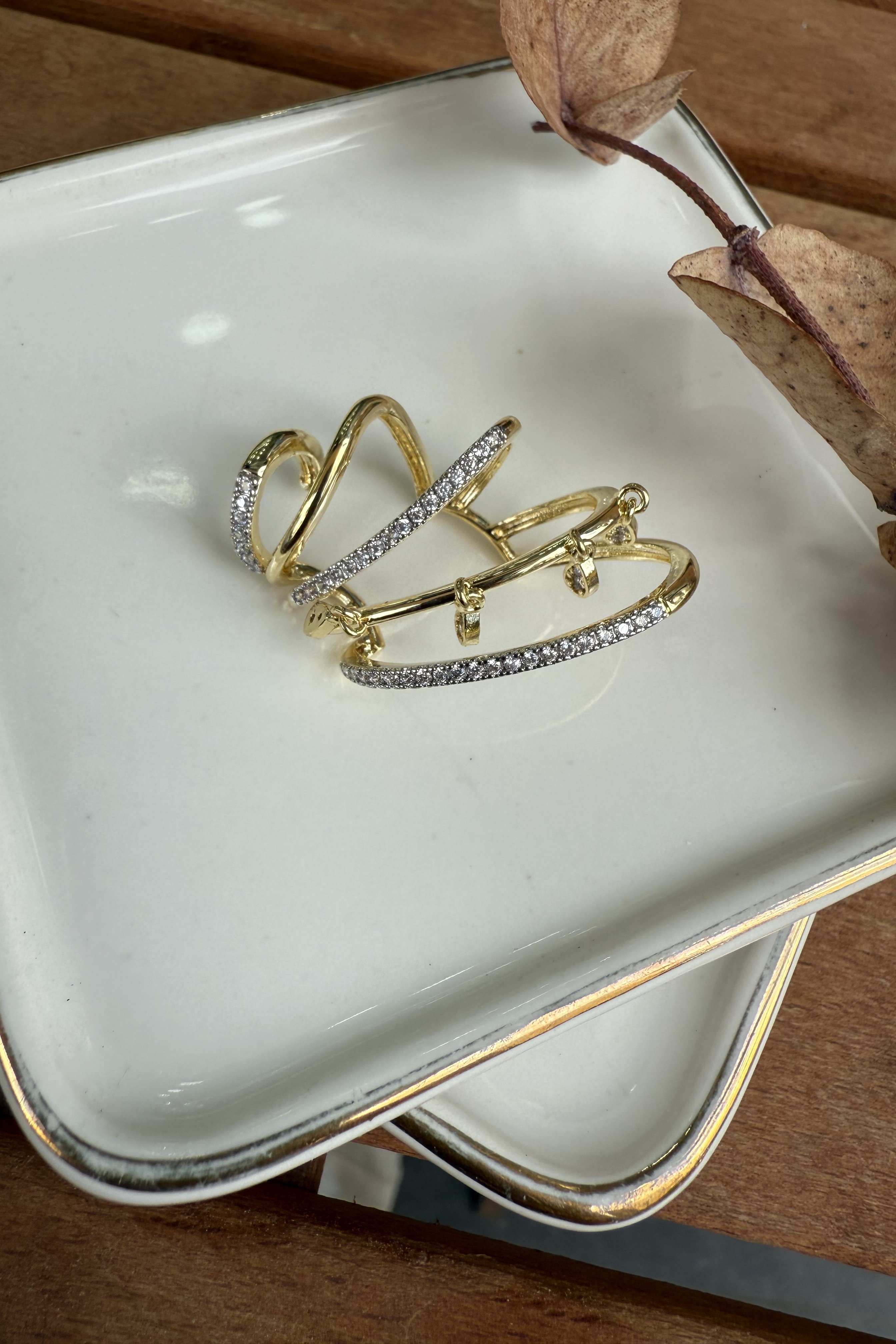 14K Altın Kaplama Taşlı Kulağı Saran Kıkırdak Küpe