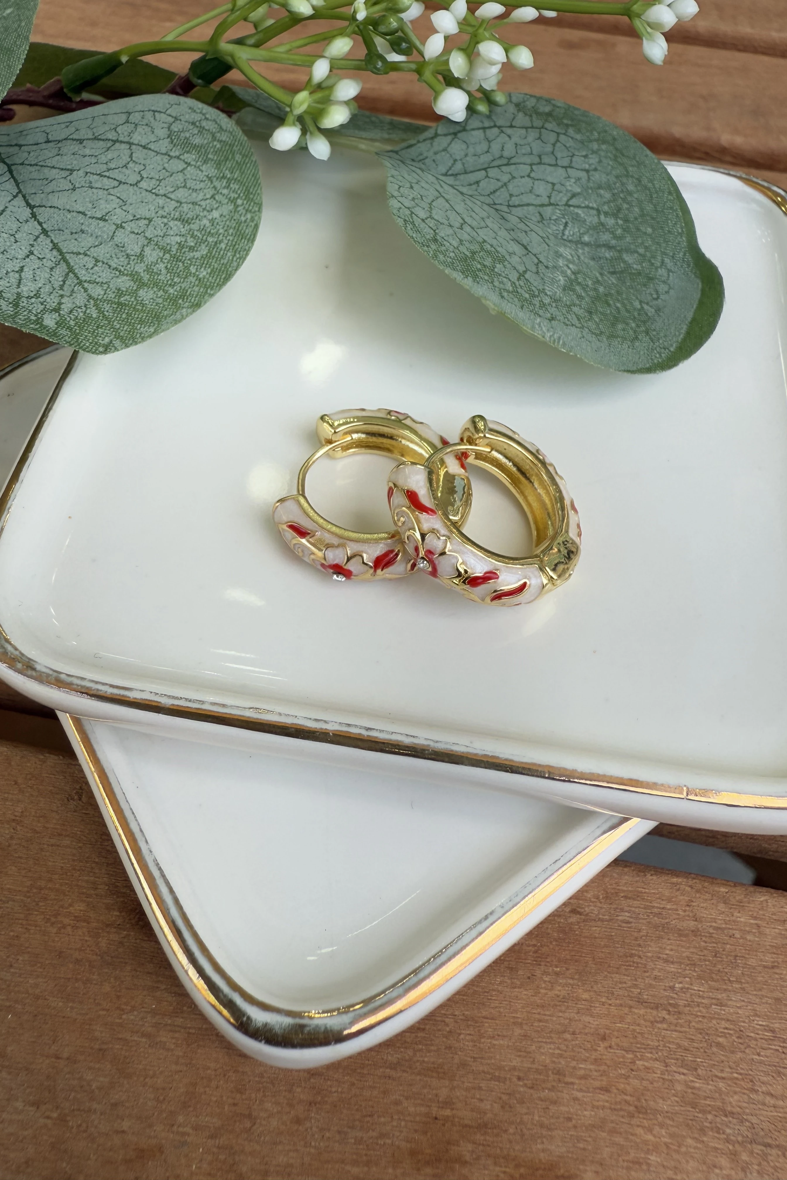 14K Altın Kaplama Kırmızı & Krem Mineli Lisa Küpe