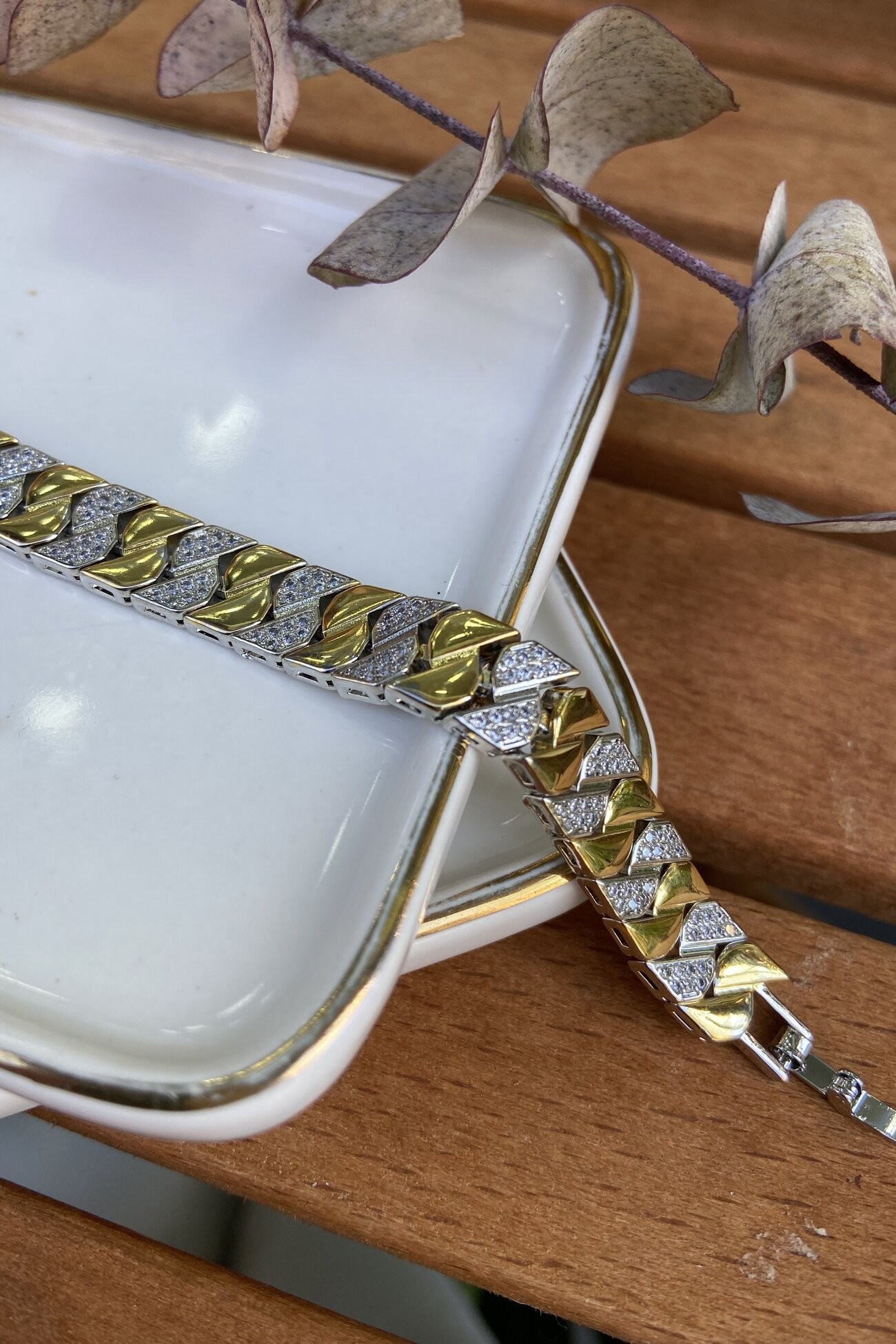 14K Altın Kaplama Çift Renk Kalın Örgü Bileklik 17+2 cm