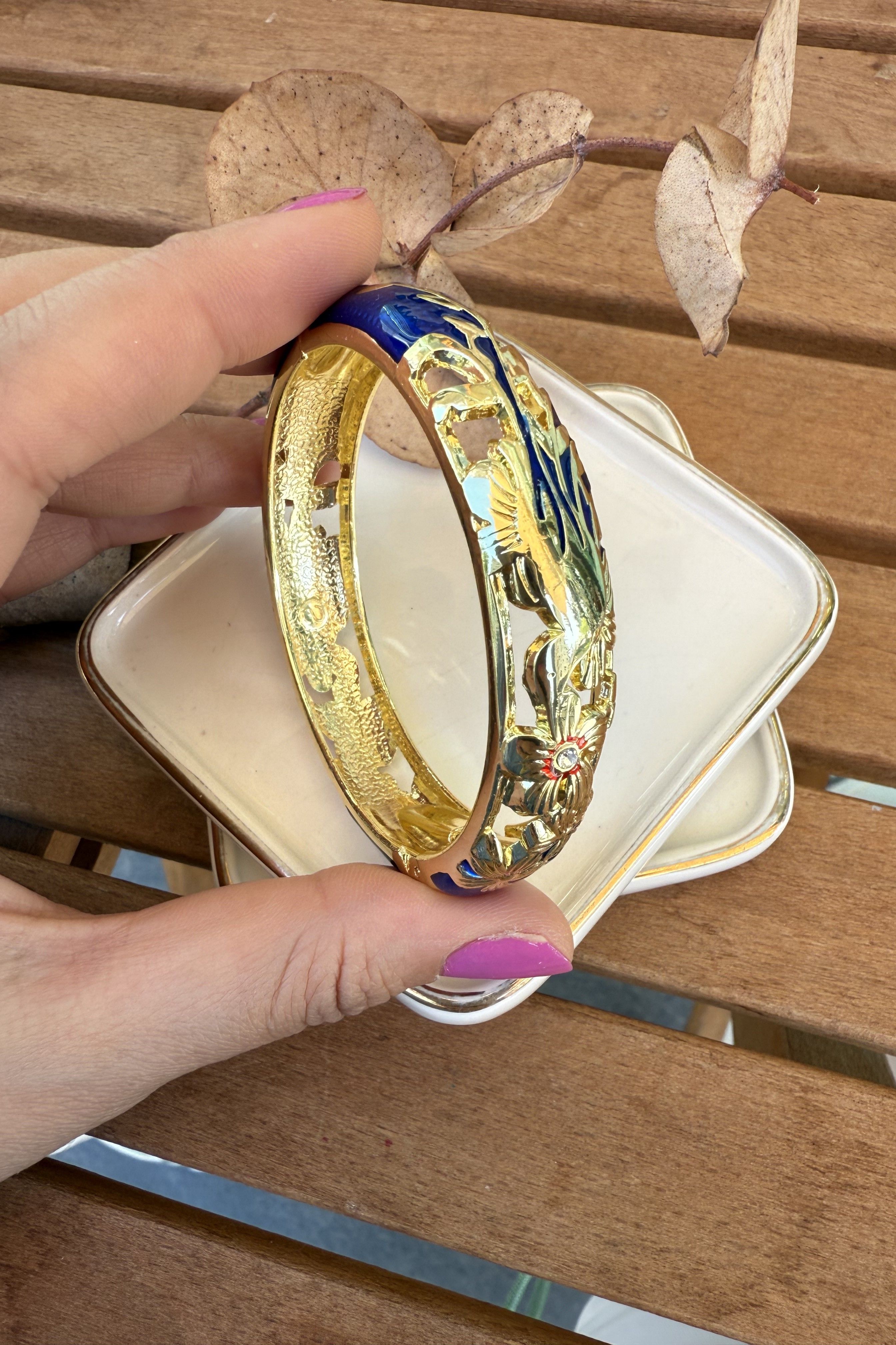 14K Altın Kaplama Kalın Lacivert Alison Bilezik 6cm