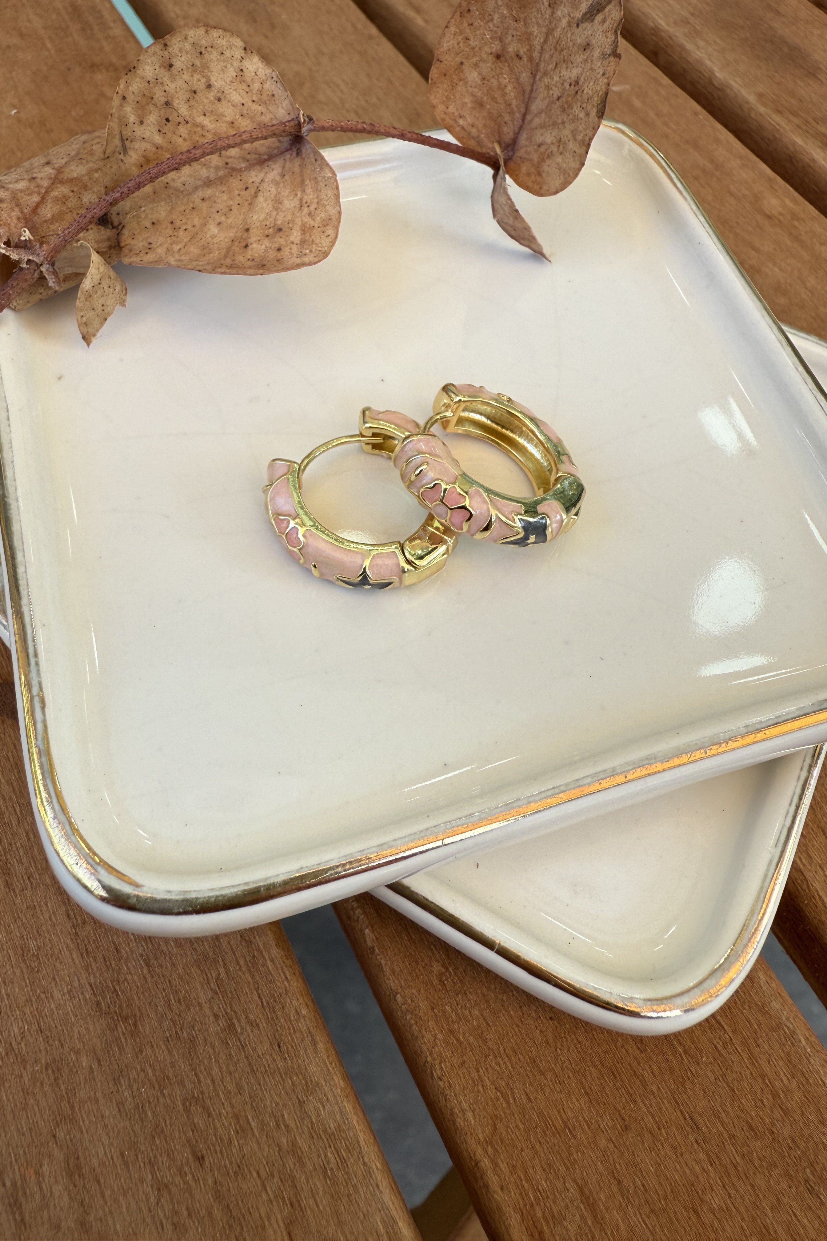 14K Altın Kaplama Toz Pembe Mineli Freya Küpe 2cm