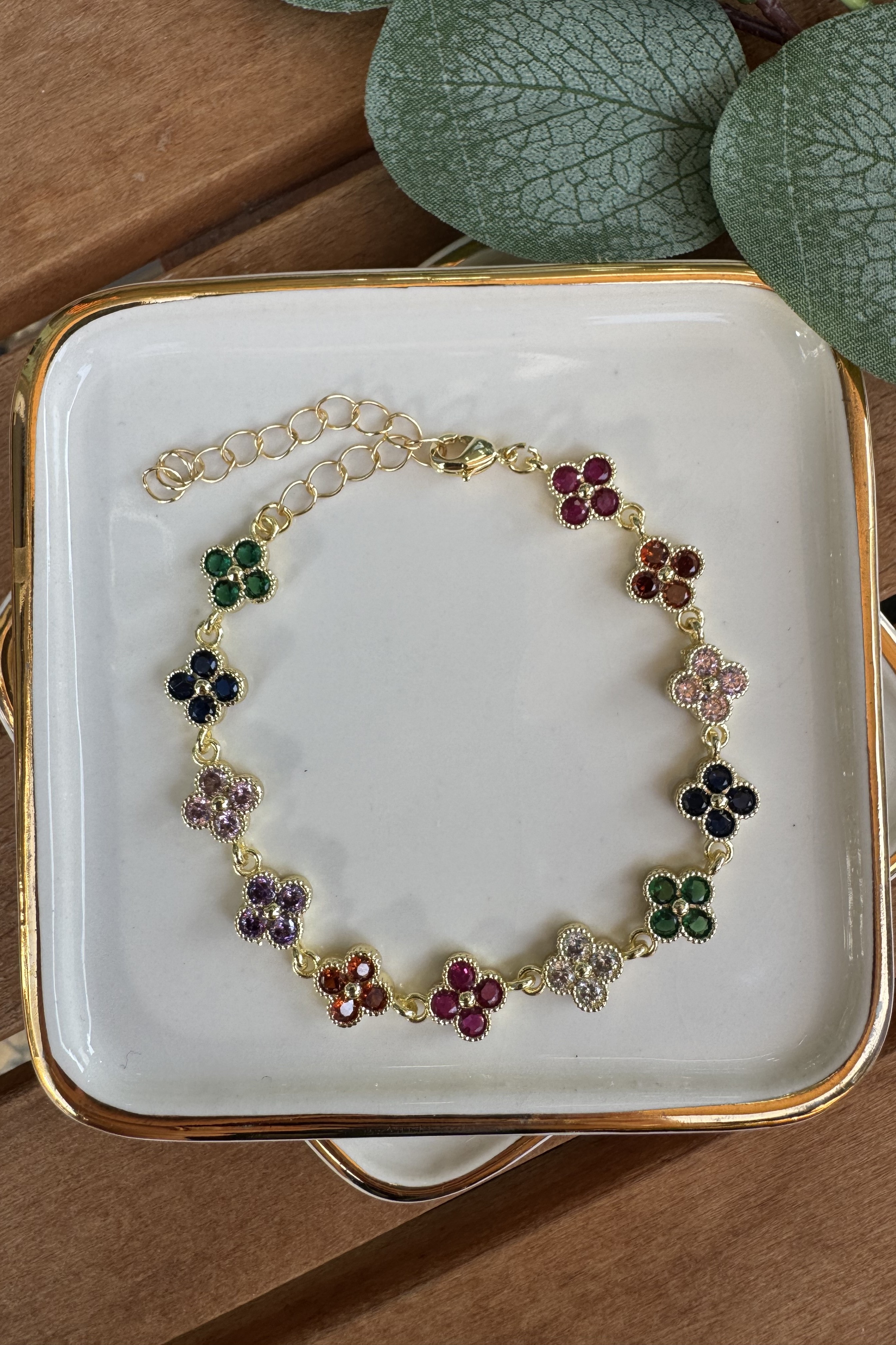 Bronz Renkli Taşlı Yonca Bileklik Gold 15+6cm