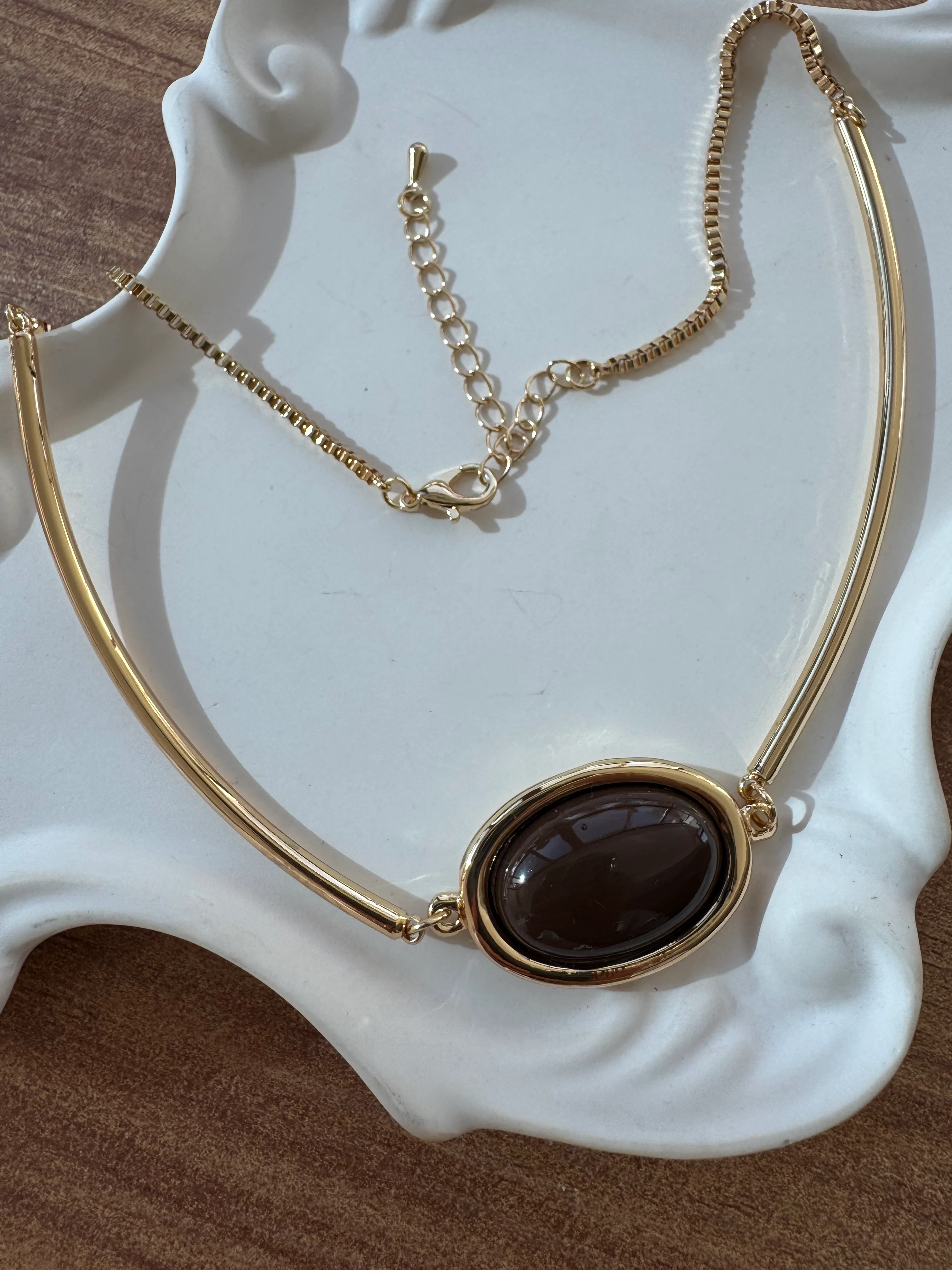 14K Altın Kaplama Kahve Oval Taşlı Kolye 47cm